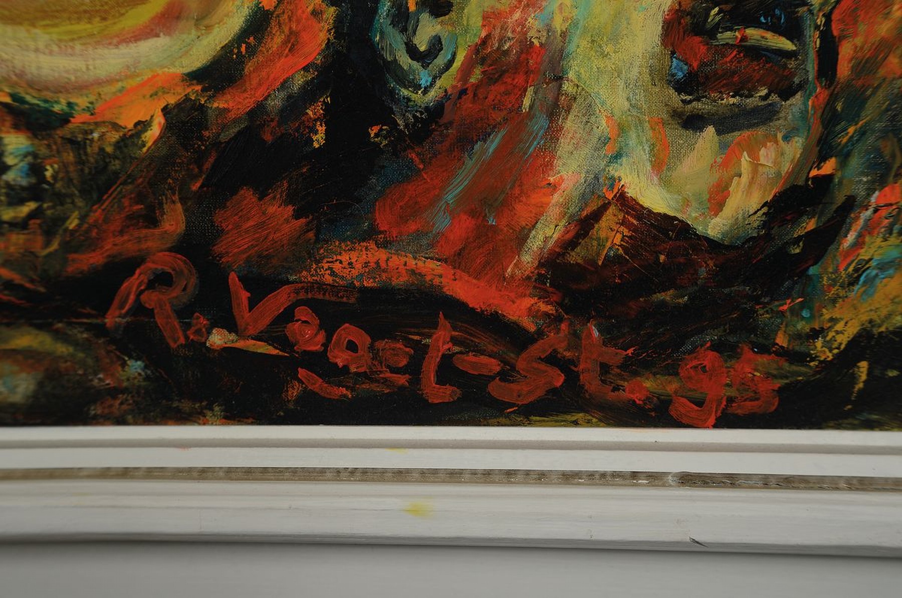 Detail a: Renate Vogel-Stelling, geb. 1942 Danzig, aufgewachsen in Bremen, "Der Balkon", Öl/Lwd, rechts unten signiert, ca. 80x100cm, rückseitig ...