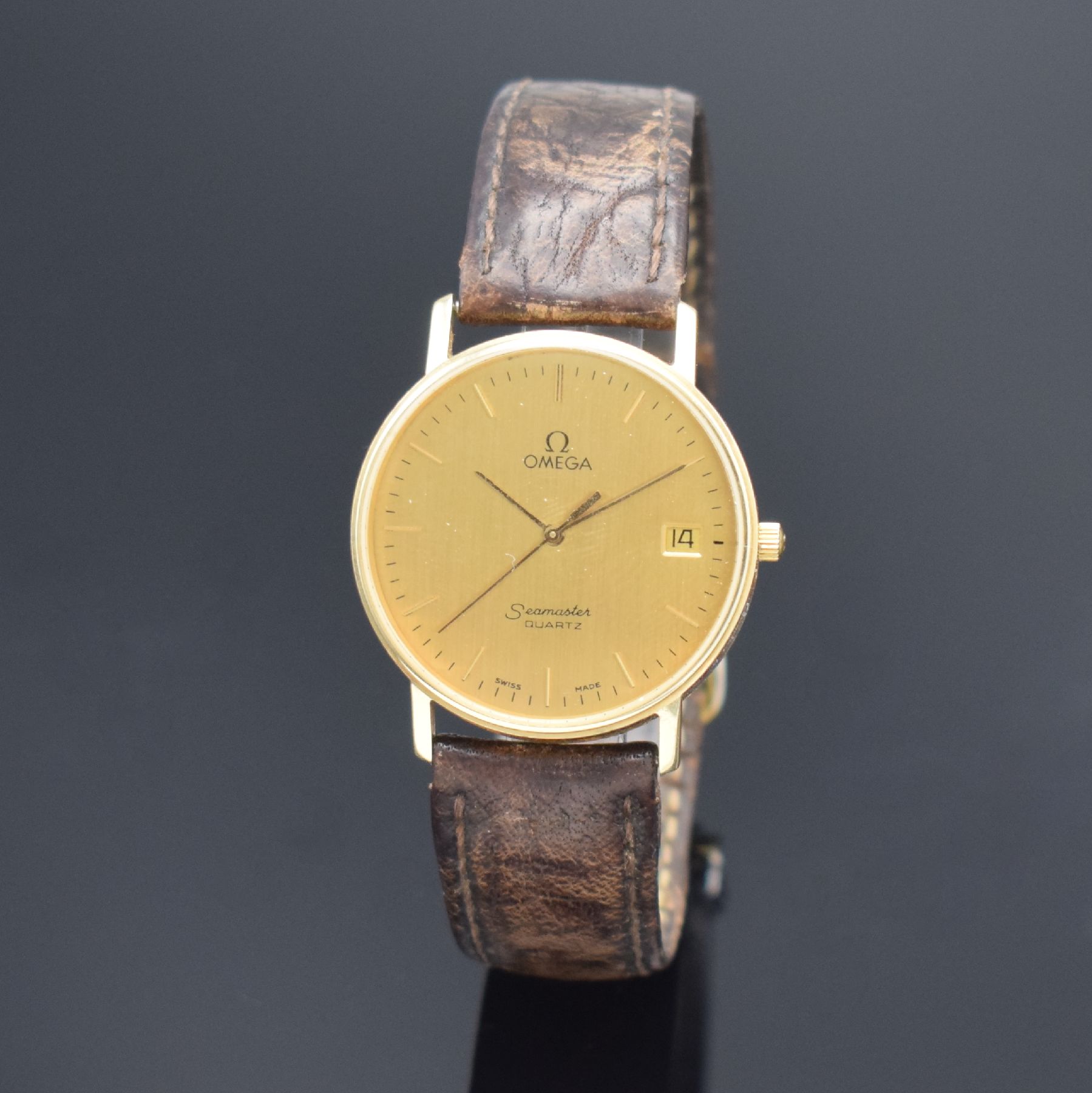 OMEGA Seamaster Armbanduhr in GG 585/000, Schweiz um 1982, quarz, Ref. 196-7002, Boden aufgedr., goldfarb. Zifferbl. m. aufges. gold. Std.-Ind., ...