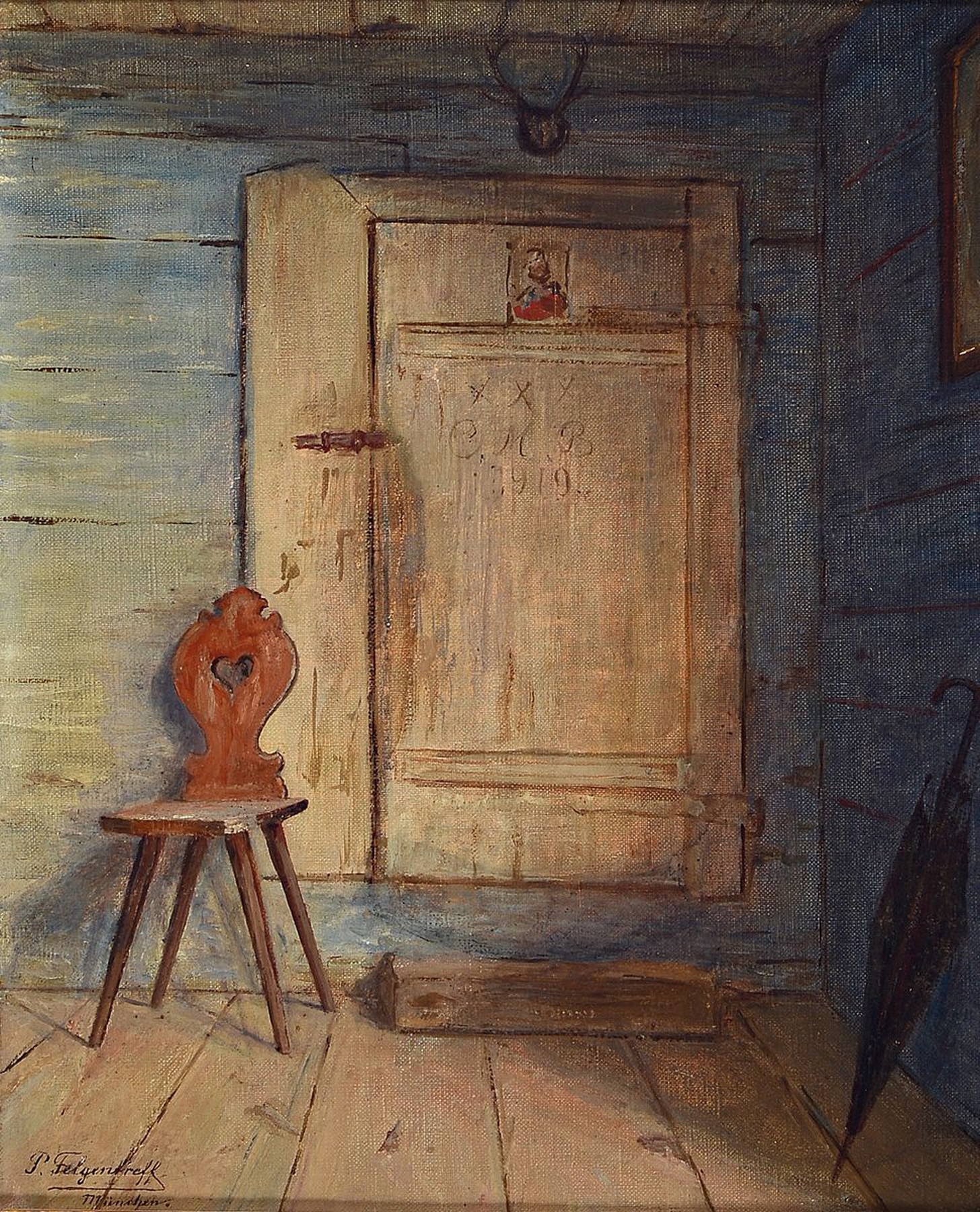 Paul Felgentreff, 1854 Potsdam-1933 München, Interieur mit Brettstuhl und Schirm, auf der Tür dat. 1919, Öl/Lwd, links unten signiert, ca. ...