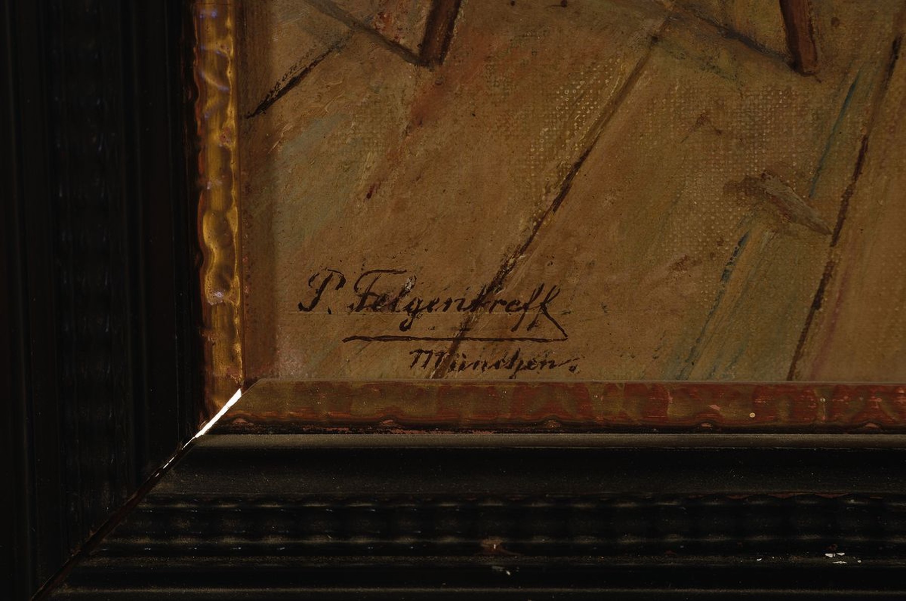Detail a: Paul Felgentreff, 1854 Potsdam-1933 München, Interieur mit Brettstuhl und Schirm, auf der Tür dat. 1919, Öl/Lwd, links unten signiert, ca. ...