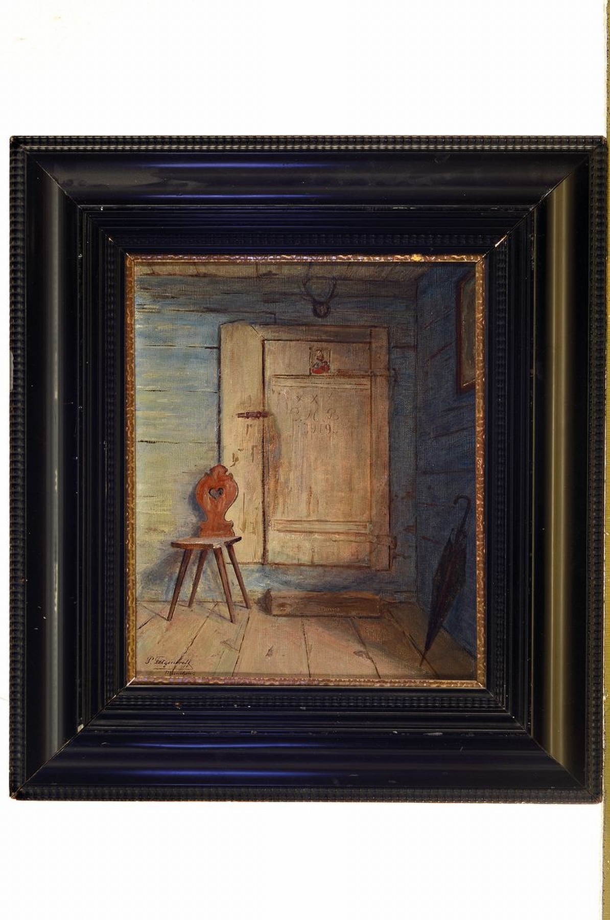 Detail k: Paul Felgentreff, 1854 Potsdam-1933 München, Interieur mit Brettstuhl und Schirm, auf der Tür dat. 1919, Öl/Lwd, links unten signiert, ca. ...