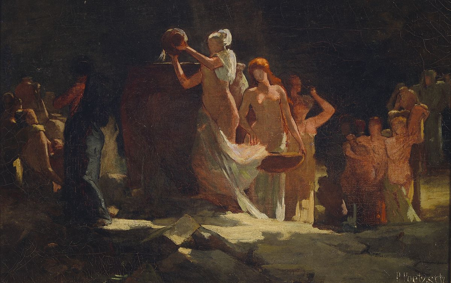 Paul Wilhelm Poetzsch, 1858 Dresden-1936, Schüler von Pohle und Pauwels, Genre- und Interieurmaler, hier: Weinfest mit Bacchantinnen, Öl/Lwd, ...