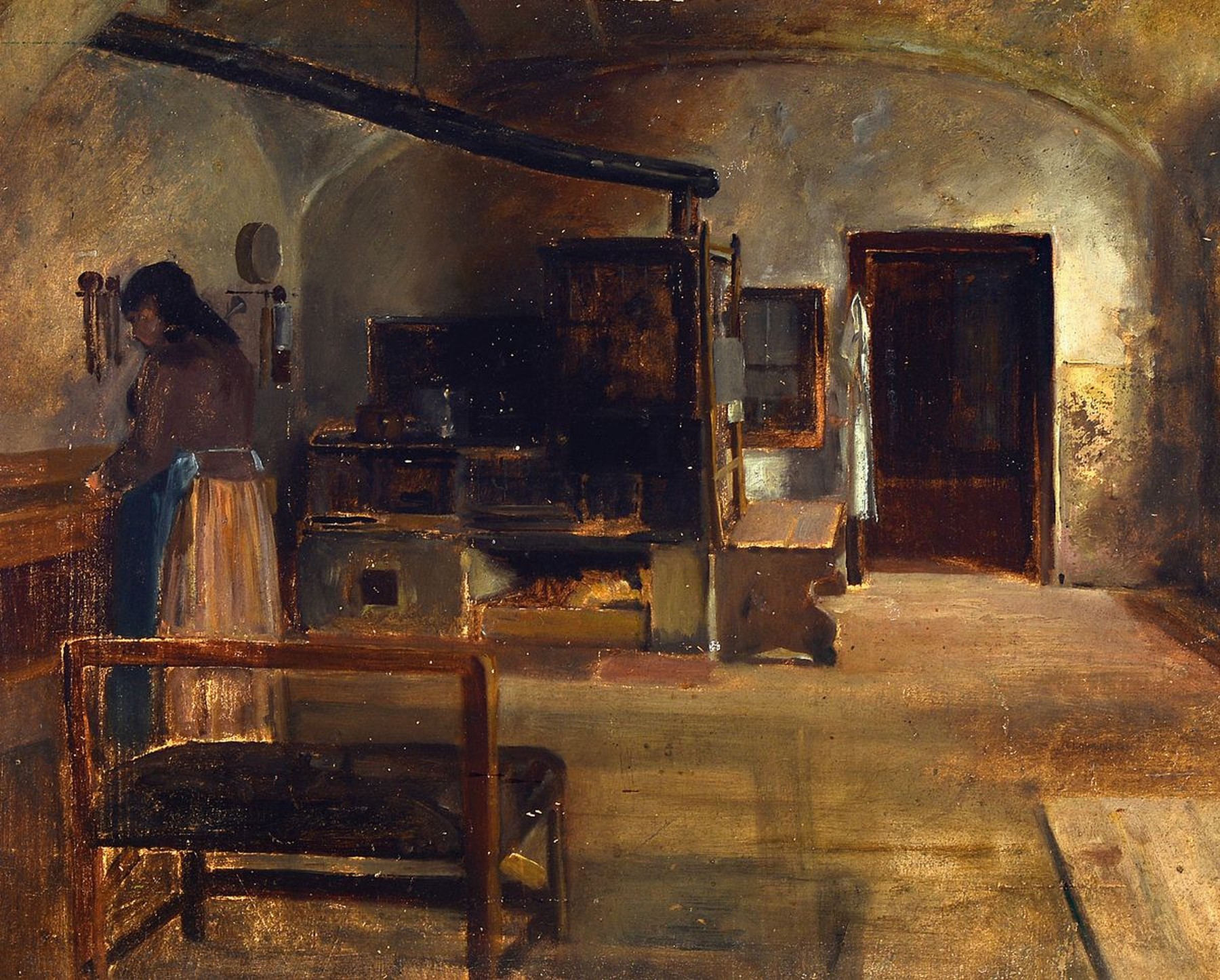 Unbekannter, wohl norwegischer Künstler, um 1900, Interieur mit Frau in Küche, guter Ausdruck der Arbeit, gekonnte Farbvariationen in den Grau- und ...