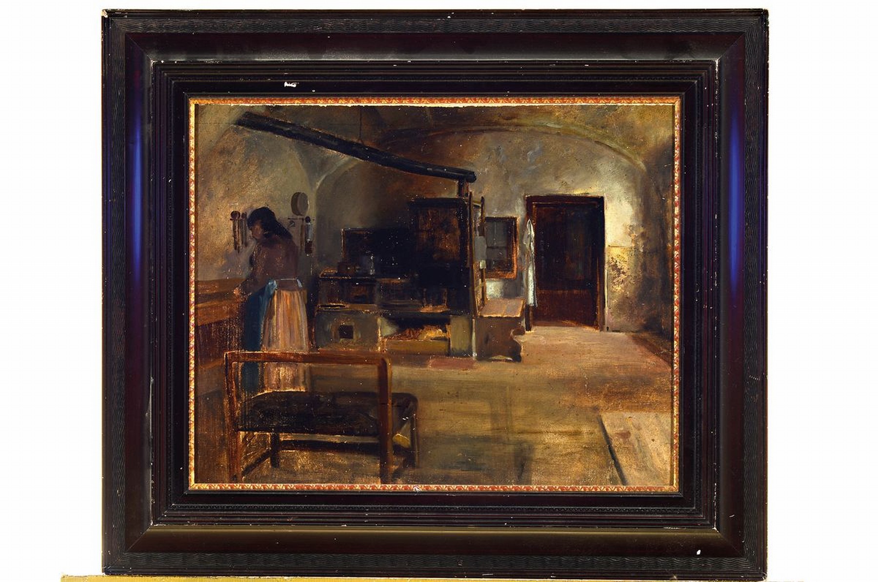 Detail k: Unbekannter, wohl norwegischer Künstler, um 1900, Interieur mit Frau in Küche, guter Ausdruck der Arbeit, gekonnte Farbvariationen in den Grau- und ...