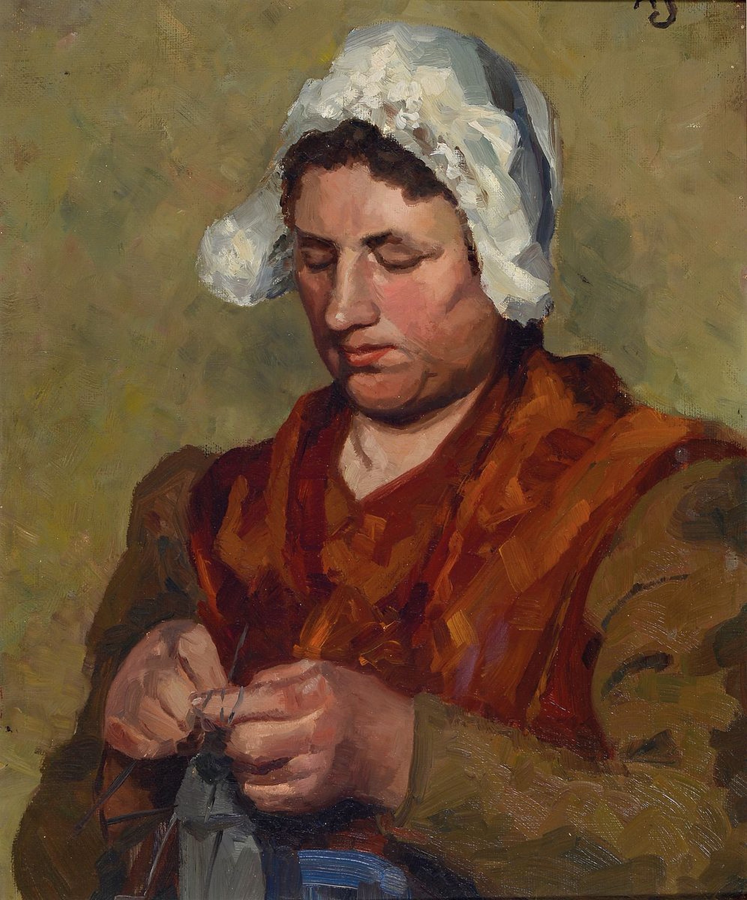 Anna von Doemming, geb. Schönian, 1888-1981 Koblenz, zwei Porträts von bärtigem Mann und strickender Frau mit Haube, Frauenporträt auf der ...