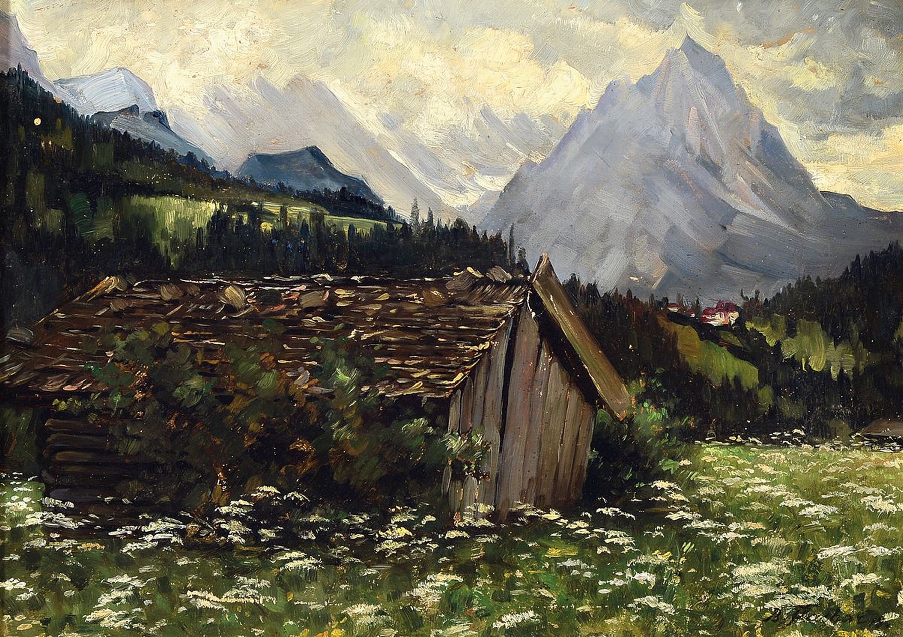 Bruno Flashar, 1887-1961 München, Hütte im Gebirge, Öl/Malkarton, rechts unten signiert, rückseitig handschriftl. Widmung von 1916, ca. 30x40cm, ...