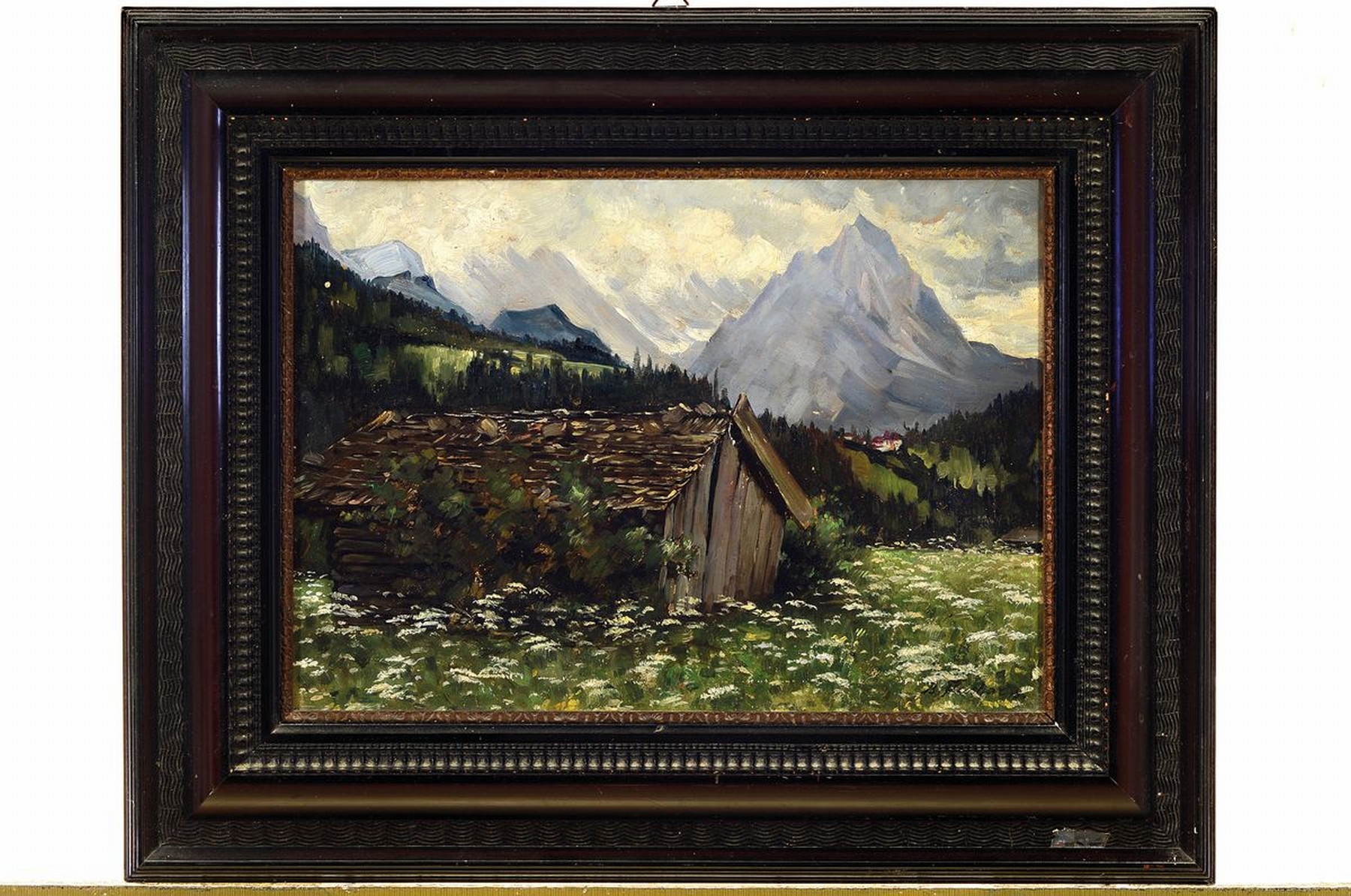 Detail k: Bruno Flashar, 1887-1961 München, Hütte im Gebirge, Öl/Malkarton, rechts unten signiert, rückseitig handschriftl. Widmung von 1916, ca. 30x40cm, ...