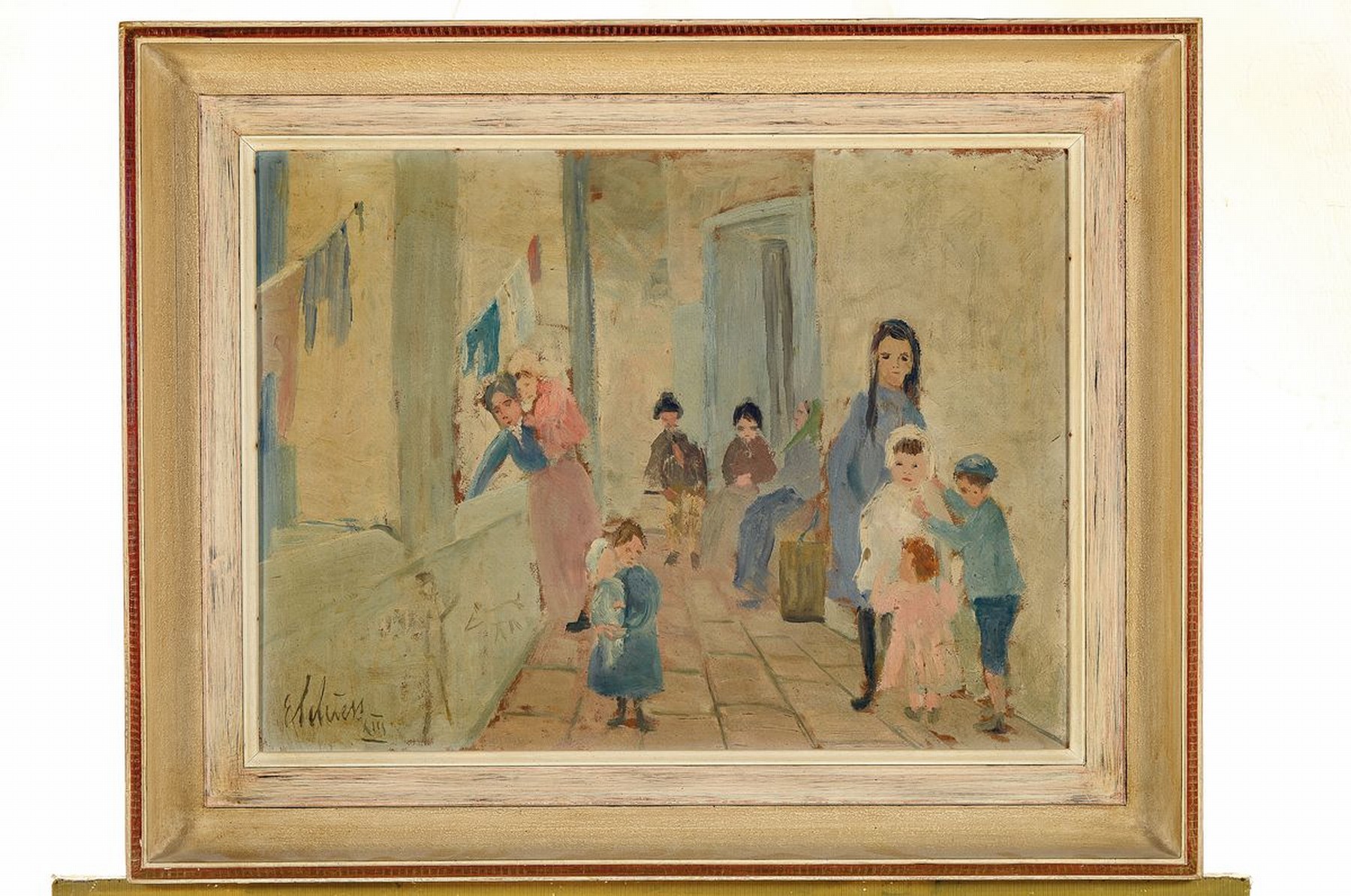 Detail k: Unbekannter Künstler, datiert XIII, Kinder auf der Straße, Öl/Malkarton, unter Einbeziehung des Untergrundes, links unten unleserlich signiert, ...