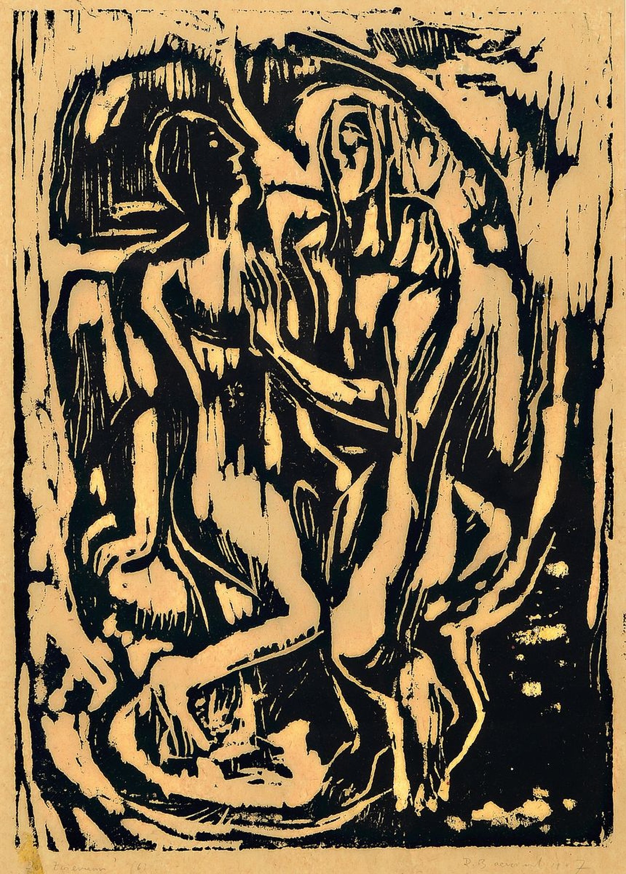Rudi Baerwind, 1910-1982 Mannheim, Studium in Berlin, München und Paris, war Schüler von Fernand Leger, hier: Der Zwiemann, Holzschnitt, betitelt, ...