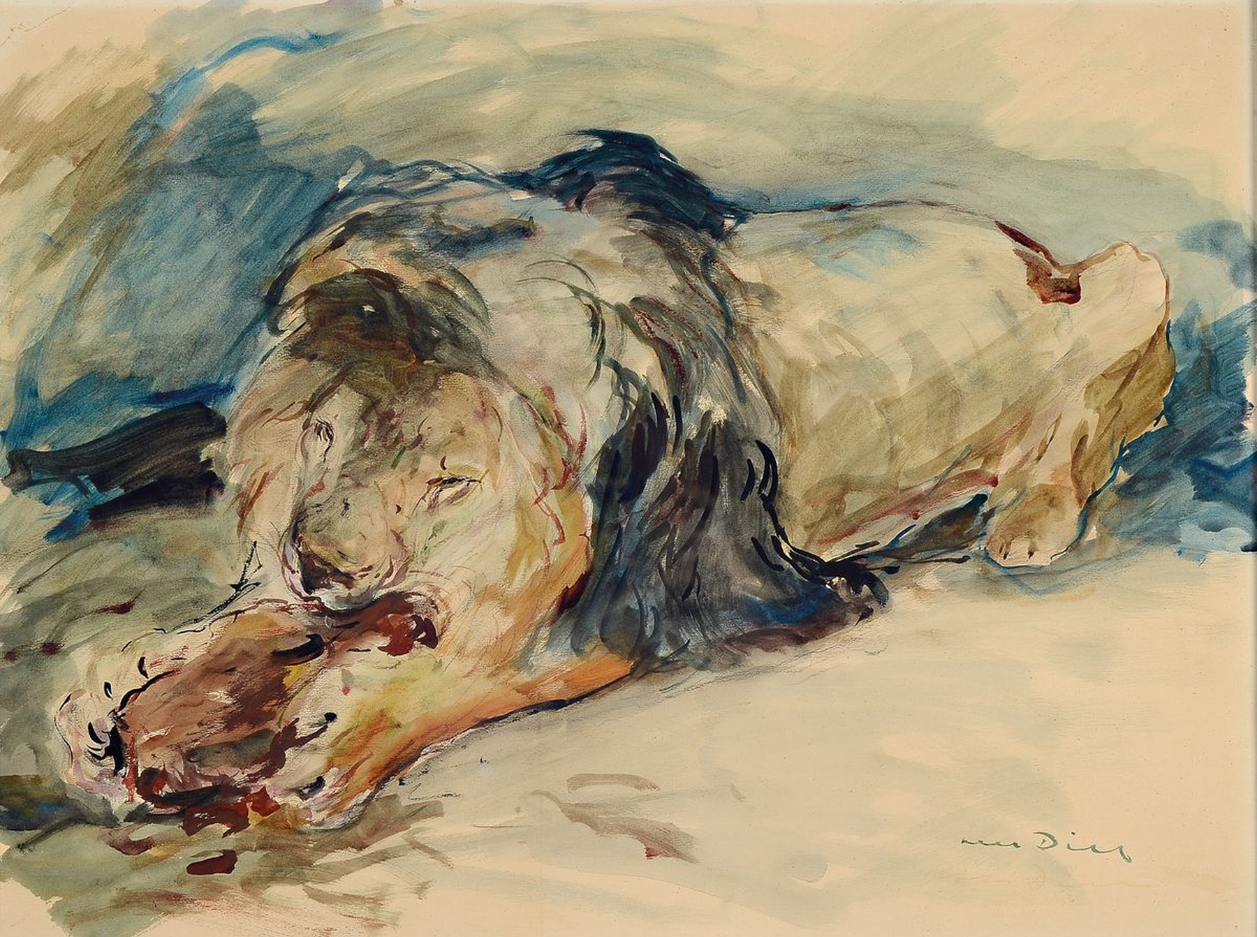Otto Dill, 1884 Neustadt-1957 Bad Dürkheim, fressender Löwe, Aquarell auf Papier, rechts unten signiert, rückseitig handschriftlich bez.: Präsent ...