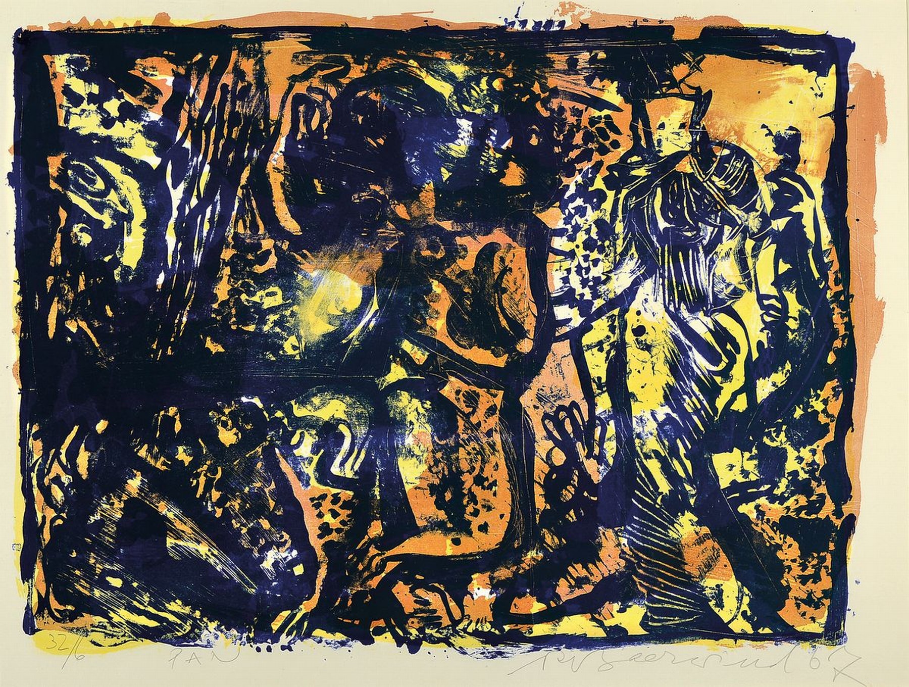 Rudi Baerwind, 1910-1982 Mannheim, Studium an den Akademien Berlin, München und Paris, war Schüler von Fernand Leger, hier: Pan, Farblithographie ...