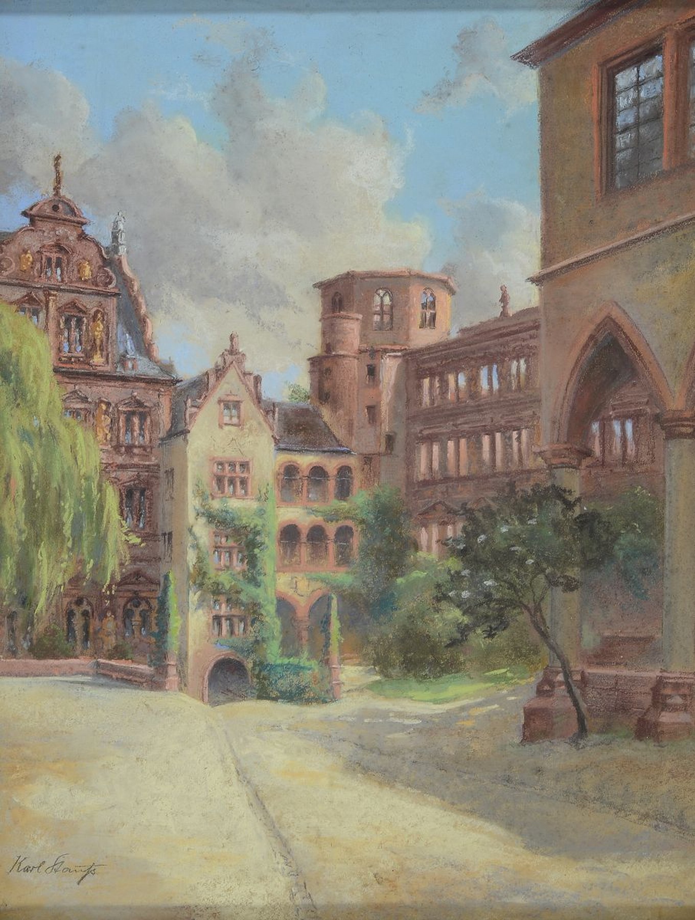 Karl Stauss, 1887 Heidelberg-1964 Würzburg, im Innenhof des Heidelberger Schlosses, Pastell auf Papier, links unten signiert, ca. 62x48cm, u.Gl., R. ...