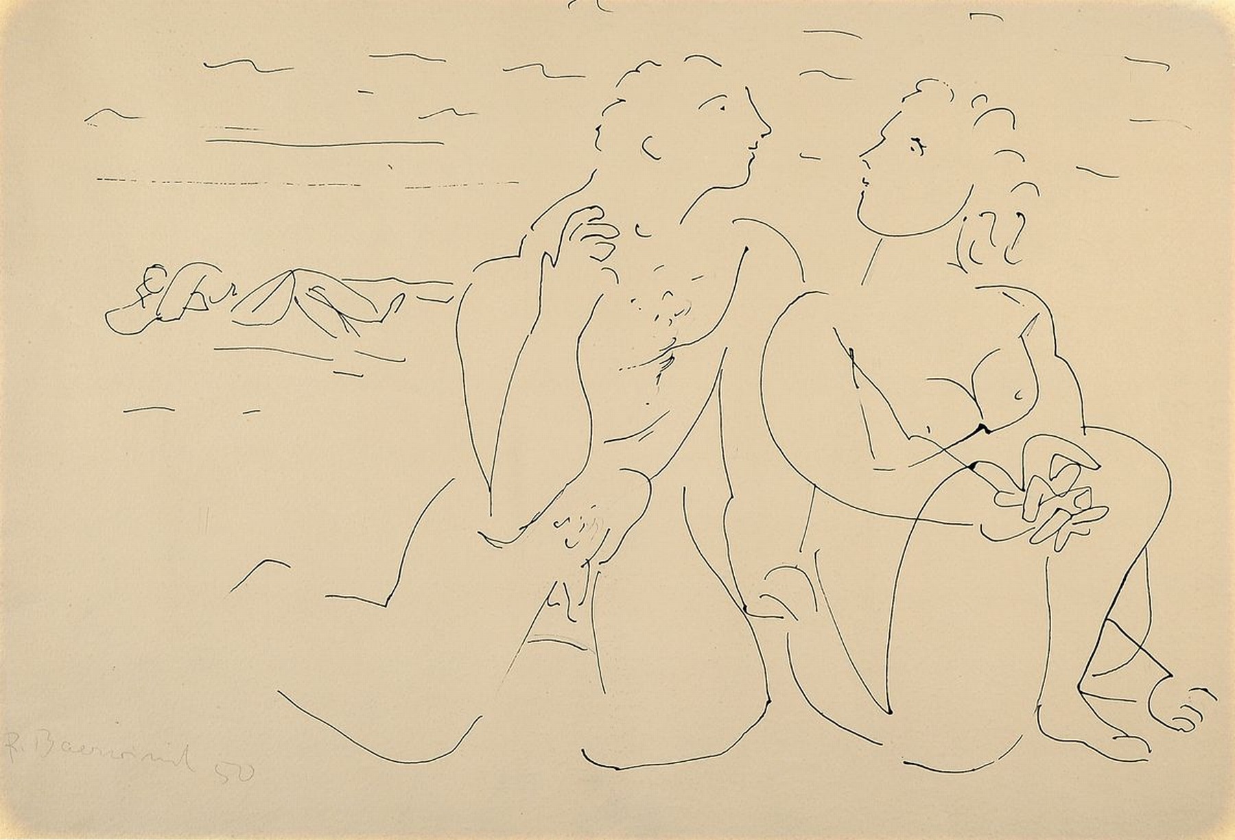 Rudi Baerwind, 1910-1982 Mannheim, Studium in Berlin, München und Paris, war Schüler von Fernand Leger, hier: Paar am Strand, fast kalligraphischer ...