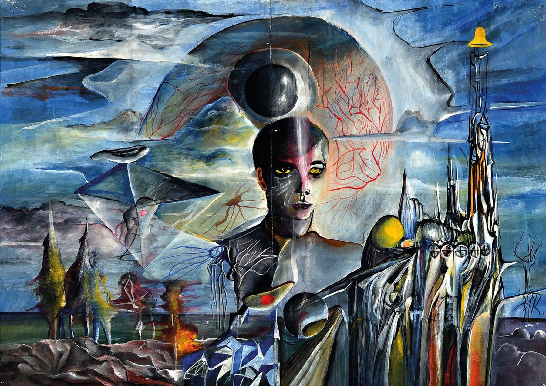 Unbekannter zeitgenössischer Künstler, Phantastische Landschaft mit Kopf und Auge, Mischtechnik auf Papier, mehrfach geknickt, Ecken mit ...