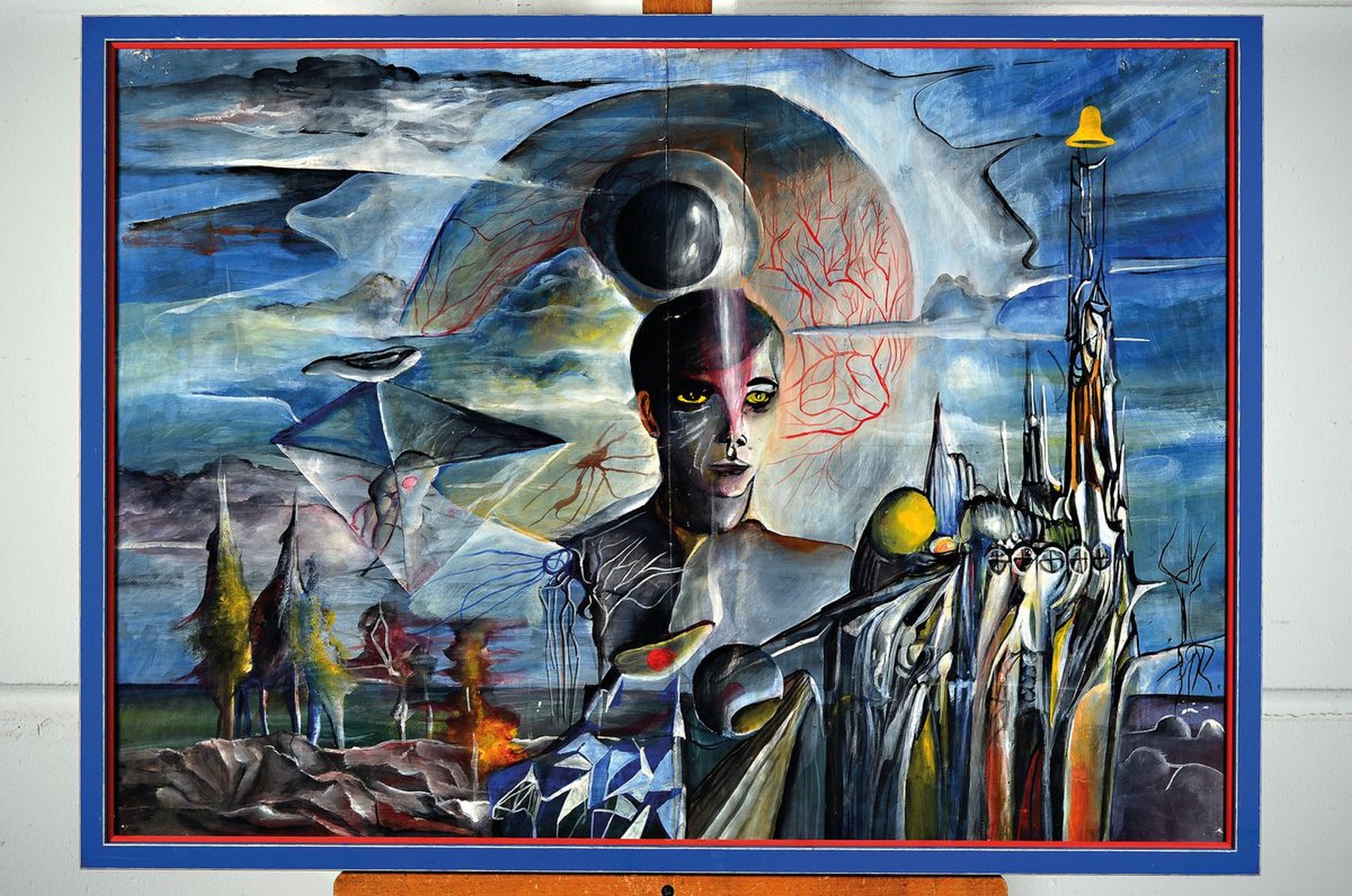 Detail k: Unbekannter zeitgenössischer Künstler, Phantastische Landschaft mit Kopf und Auge, Mischtechnik auf Papier, mehrfach geknickt, Ecken mit ...