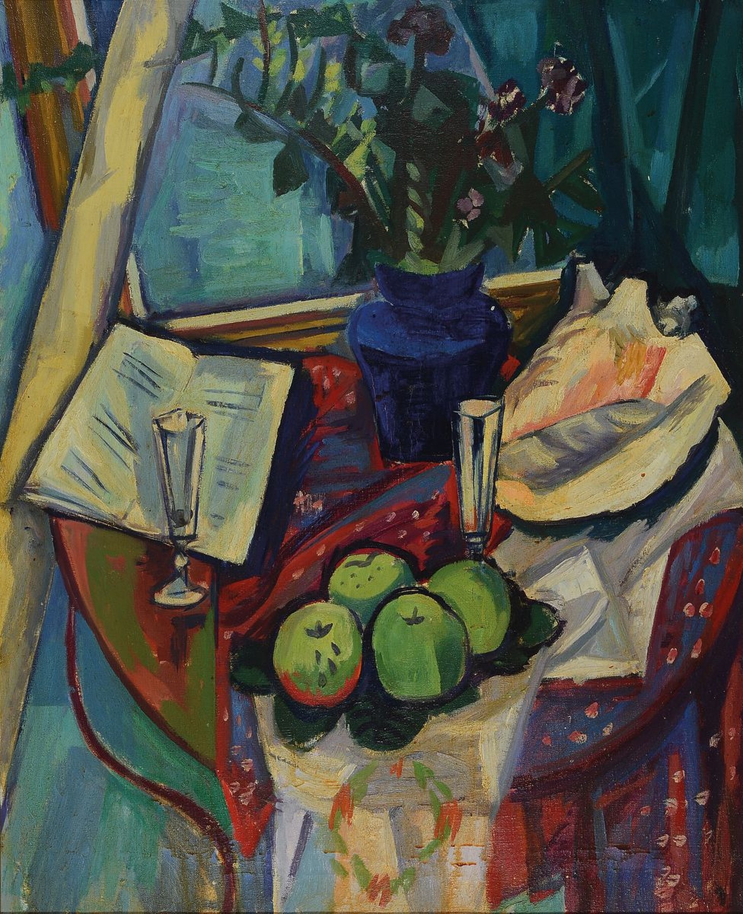 Unbekannter Künstler des frühen 20. Jh., Stillleben mit Äpfeln, Blumen, Gläsern und Buch, Öl/Lwd, ca. 81x66cm, R. ca. 88x72cm