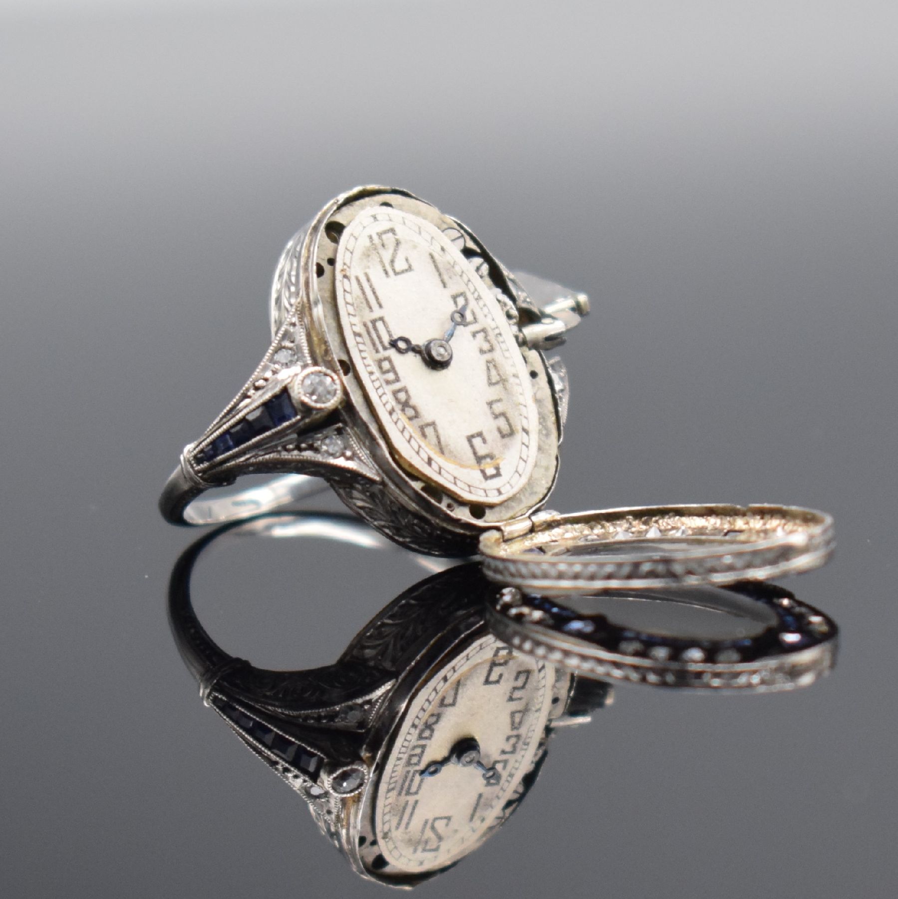 Detail f: NOTSERP WATCH Co. ausgefallene Ringuhr in WG 750/000 mit Diamanten & Saphiren, Handaufzug, Schweiz um 1910, reich verziertes, mit Steinen besetztes, ...