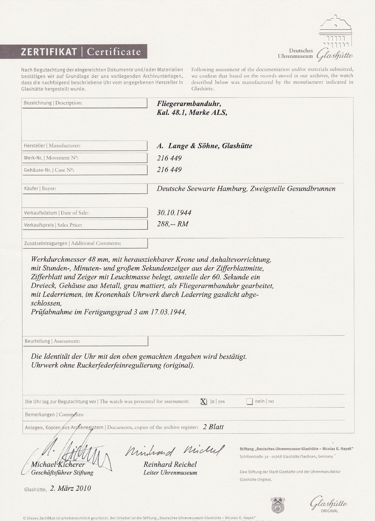 Detail h: A. LANGE & SÖHNE Kaliber 48.1 Fliegerarmbanduhr, Deutschland um 1944, Handaufzug, matt. Metallgeh., Boden & Glasrand aufgedr., schwarzes Zifferbl. ...