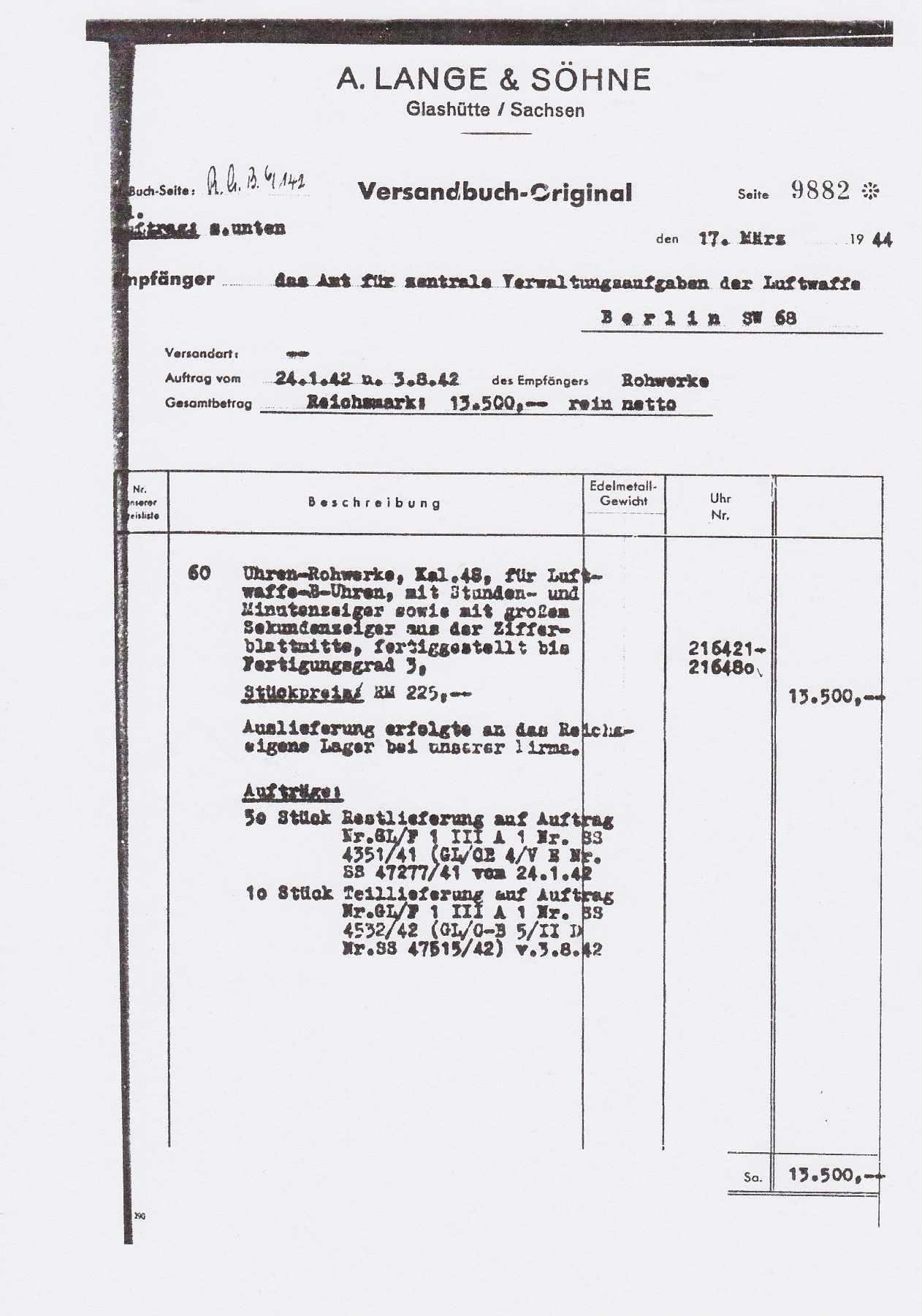 Detail i: A. LANGE & SÖHNE Kaliber 48.1 Fliegerarmbanduhr, Deutschland um 1944, Handaufzug, matt. Metallgeh., Boden & Glasrand aufgedr., schwarzes Zifferbl. ...