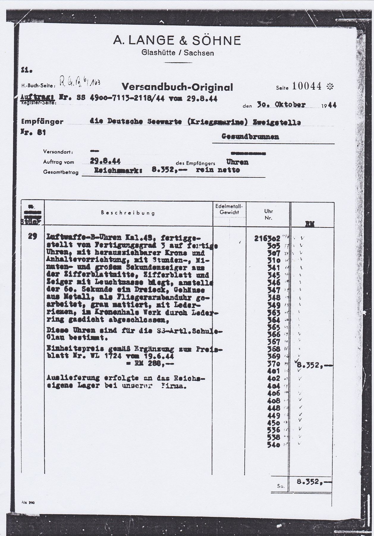 Detail j: A. LANGE & SÖHNE Kaliber 48.1 Fliegerarmbanduhr, Deutschland um 1944, Handaufzug, matt. Metallgeh., Boden & Glasrand aufgedr., schwarzes Zifferbl. ...