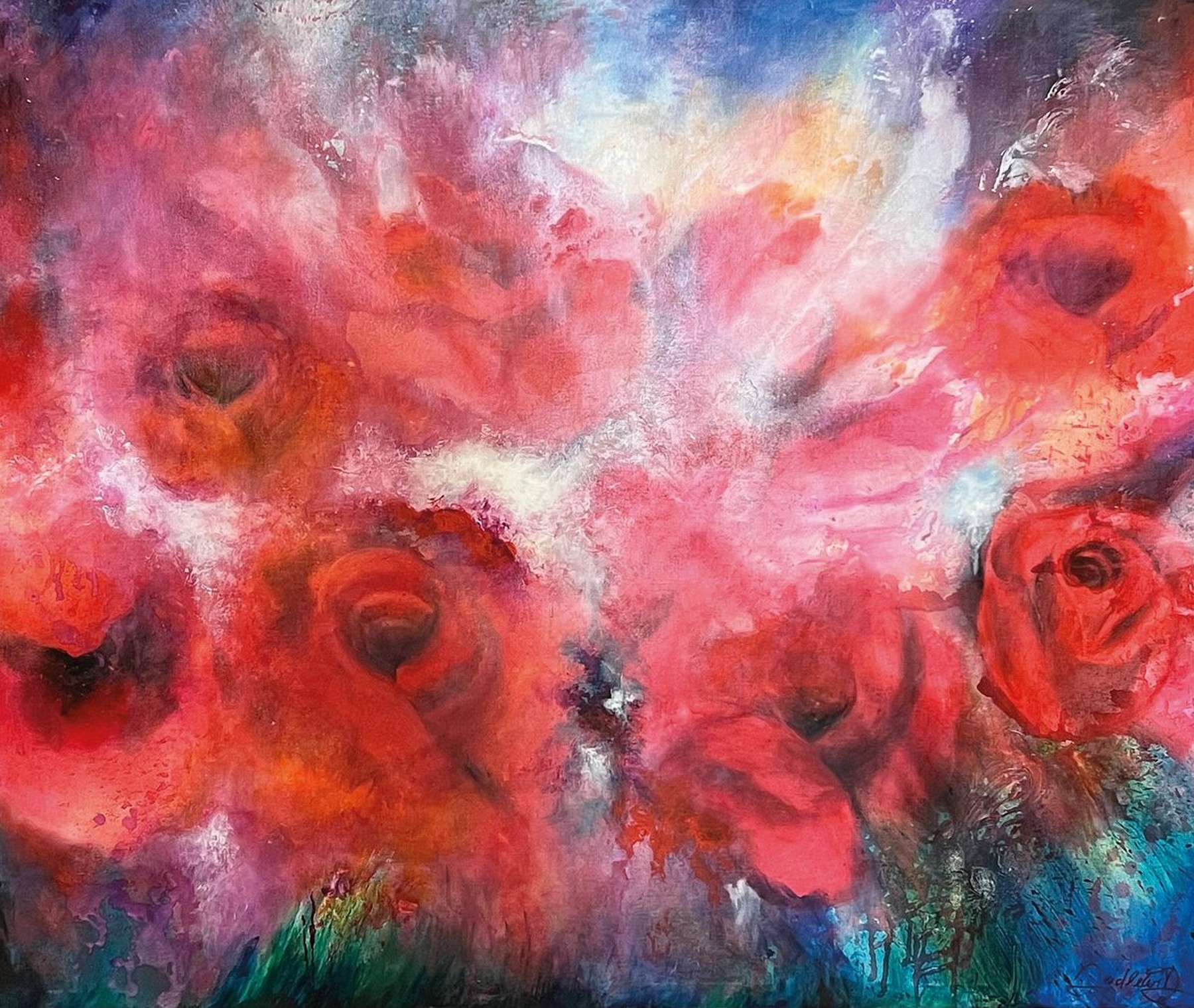 Detail k: Doris Zeidlewitz, geb. 1959, Studium am Städel in Frankfurt und an der Hochschule für Gestaltung in Offenbach, hier: Roses, Öl/Lwd, rechts unten ...