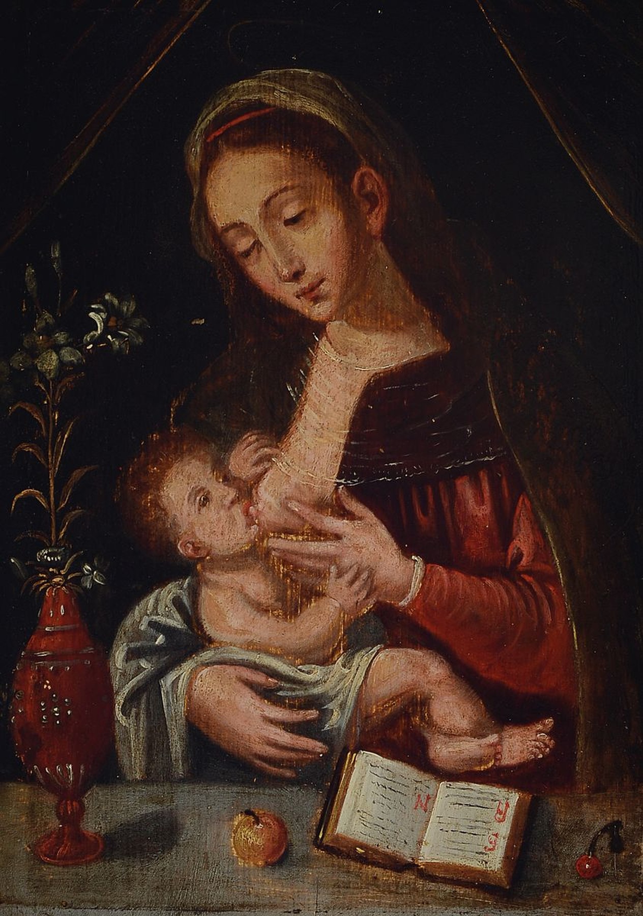 Unbekannter Künstler des 19.Jh., Heiligenbild: Maria lactans, reicher Symbolcharakter, Apfel weißt Christus als neuen Adam aus, Lilie als Symbol ...