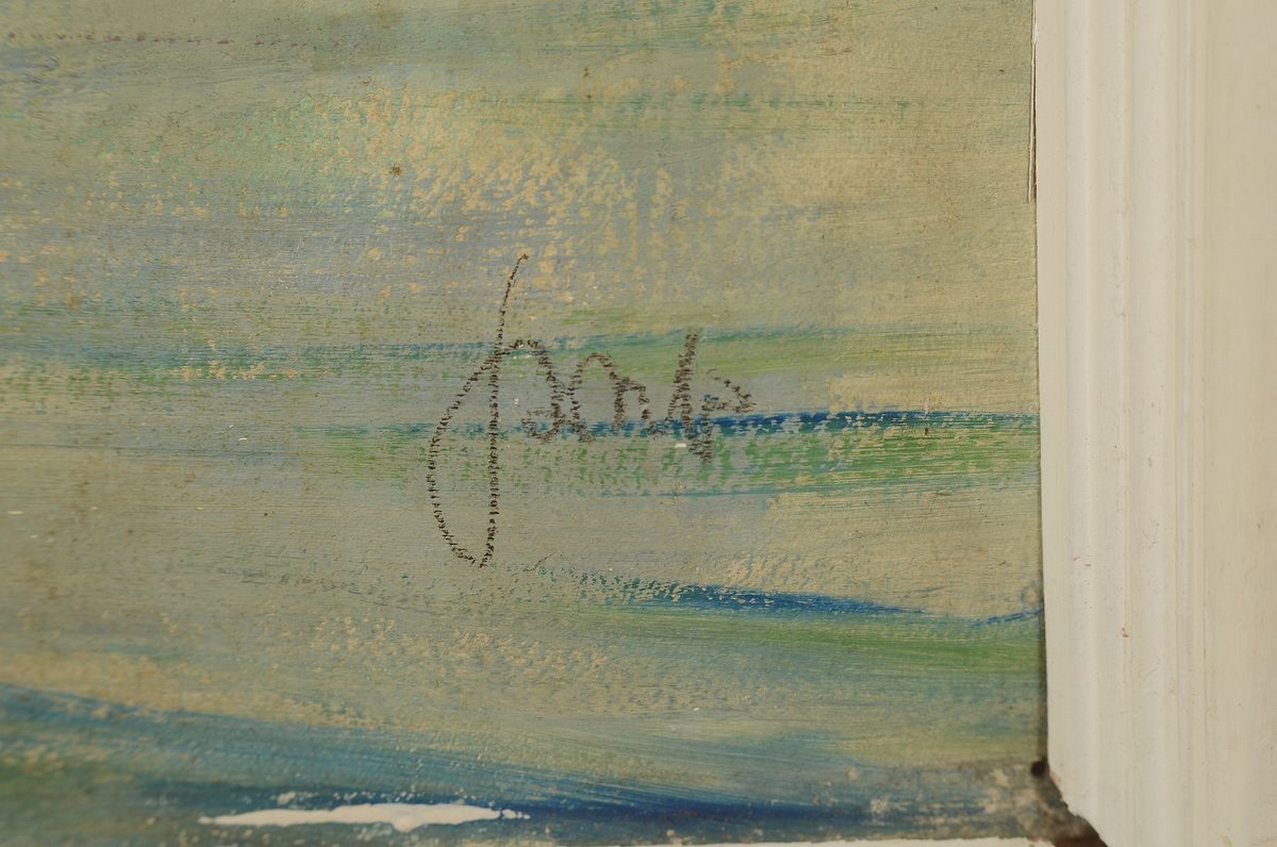 Detail a: Karl Graf, 1902-1986 Speyer, Blick über den Rhein auf St. Goarshausen und Burg Katz, Öl/Hartfaser, im unteren Teil gewölbt durch Wasserschaden, ...