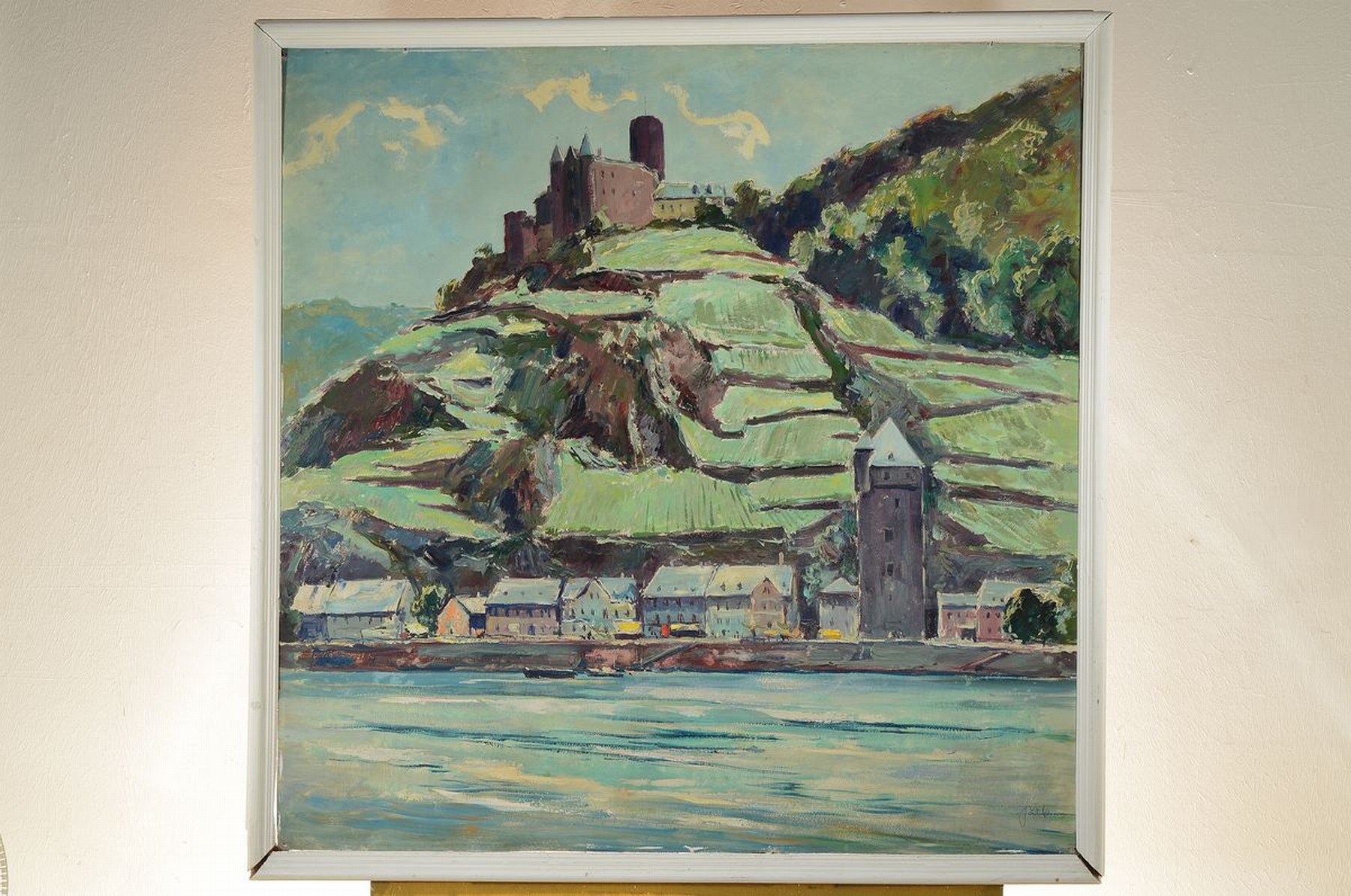 Detail k: Karl Graf, 1902-1986 Speyer, Blick über den Rhein auf St. Goarshausen und Burg Katz, Öl/Hartfaser, im unteren Teil gewölbt durch Wasserschaden, ...