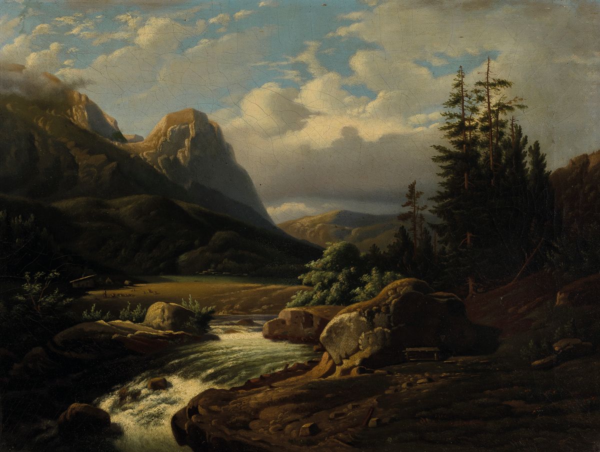 Unbekannter Künstler des 19.Jh., arkadische Vorgebirgslandschaft, vordergründiger Wasserlauf, miniaturhafte Figurenstaffage im Mittelgrund, ...