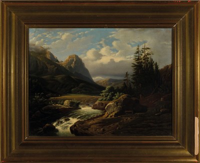 26407858k - Unknown artist from the 19th century, Arcadianfoothills, watercourse in the foreground, miniature figures in the middle ground, oil/canvas, restored, relined, frame slightly bumped., 49x59 cm