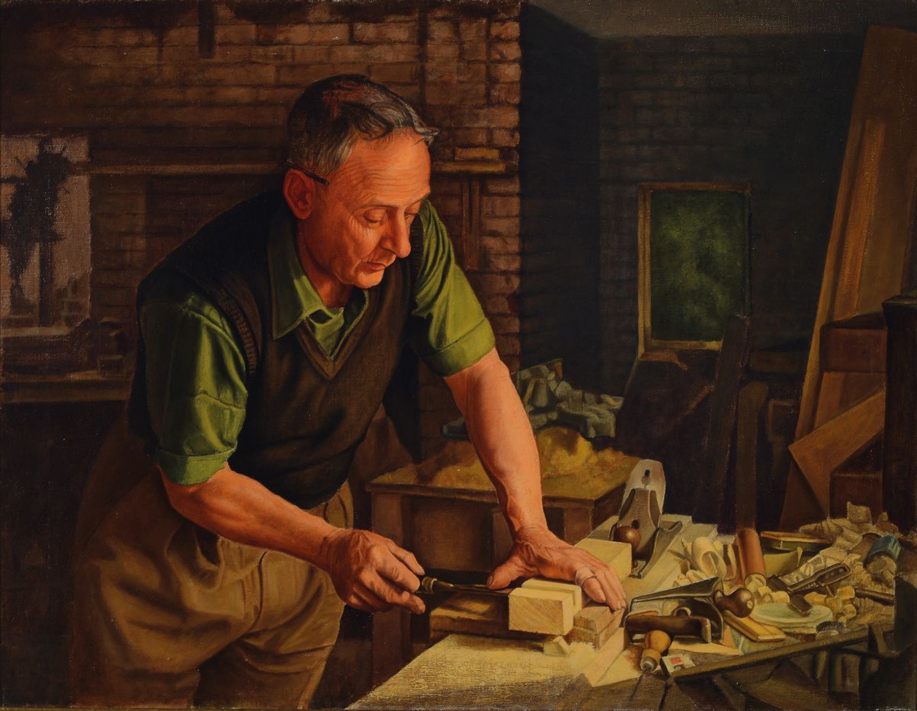 F. W. Pullen, britischer Künstler, 1930er/1940er Jahre, The Village Carpenter, Schreiber an seiner Werkbank, Öl/Lwd, feine naturalistische und ...