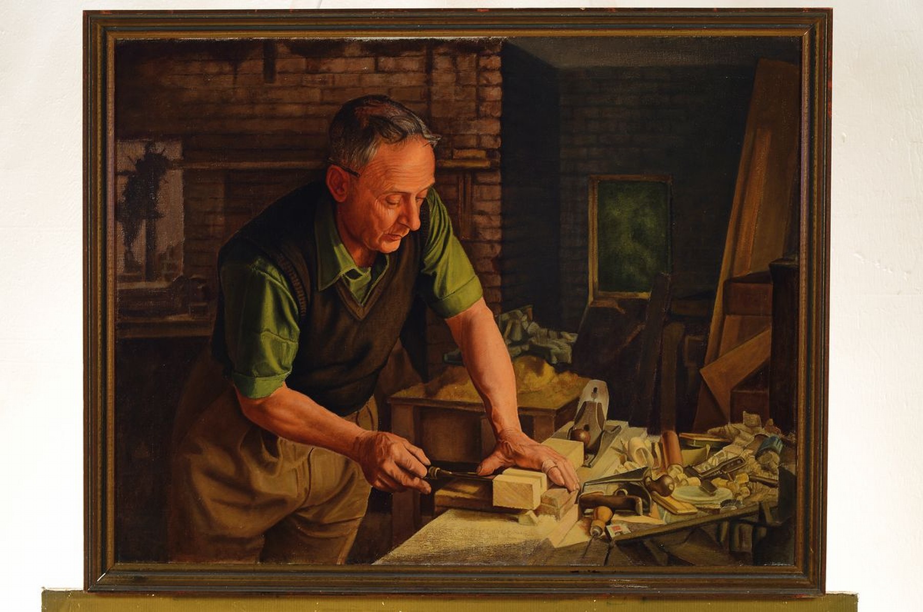Detail k: F. W. Pullen, britischer Künstler, 1930er/1940er Jahre, The Village Carpenter, Schreiber an seiner Werkbank, Öl/Lwd, feine naturalistische und ...