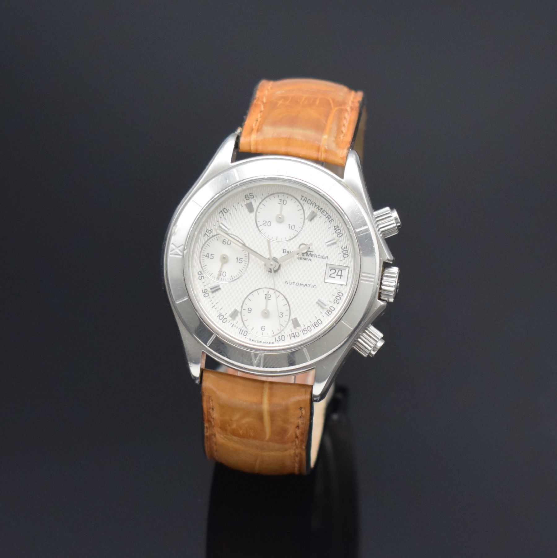 BAUME & MERCIER Malibu Herrenarmbanduhr mit Chronograph in Stahl, Schweiz verk. lt. beil. Garantiekarte 08/1998, Automatik, Ref. MV045169, verschr. ...