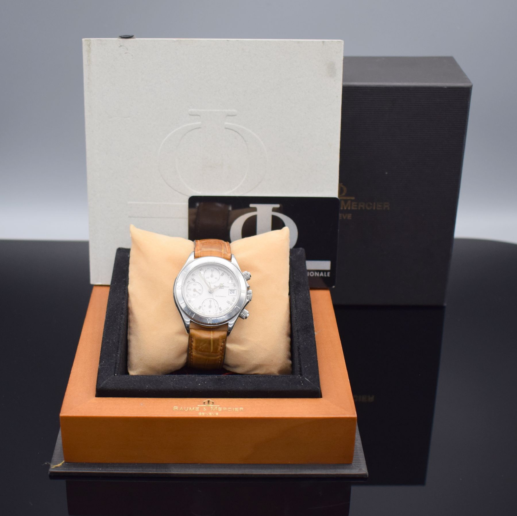 Detail f: BAUME & MERCIER Malibu Herrenarmbanduhr mit Chronograph in Stahl, Schweiz verk. lt. beil. Garantiekarte 08/1998, Automatik, Ref. MV045169, verschr. ...