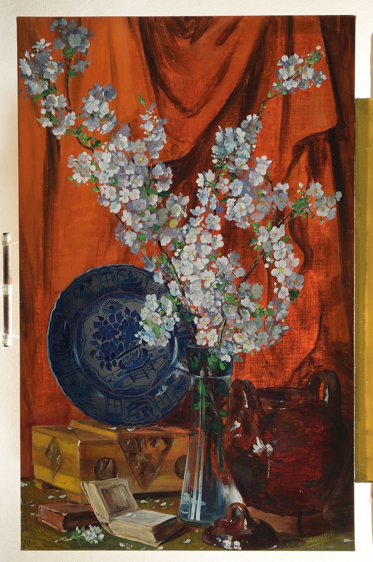 Detail k: Frederick van Oosteveen, 1885 Amsterdam - 1979 Brennebroek, niederländischer Künstler, Stillleben mit blühenden Kirschzweigen, Delfter Teller mit ...