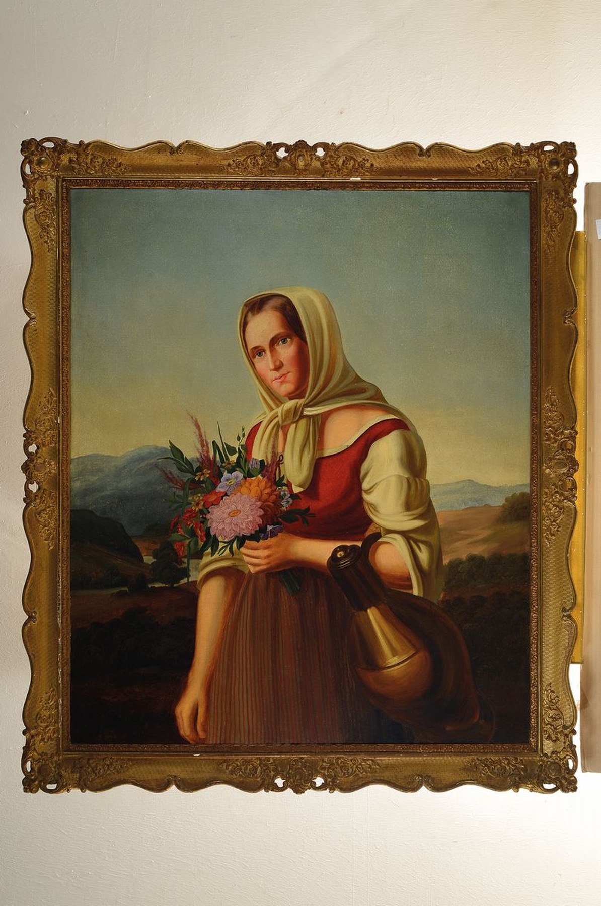 Detail k: Unbekannter Künstler des 19.Jh., großformatiges Frauenbildnis, im Stile der Nazarener, heimatliche Darstellung mit Kopftuch, Blumenstrauß und ...