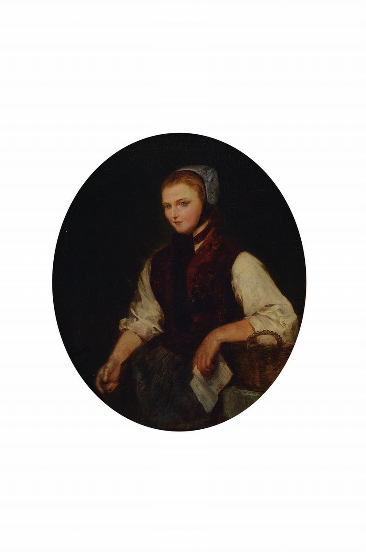 Ungedeuteter Künstler des 19./20.Jh., Bildnis einer jungen Frau in Tracht, mit Brief in der einen Hand, links signiert, krakeliert, rest., Öl/Lwd, ...