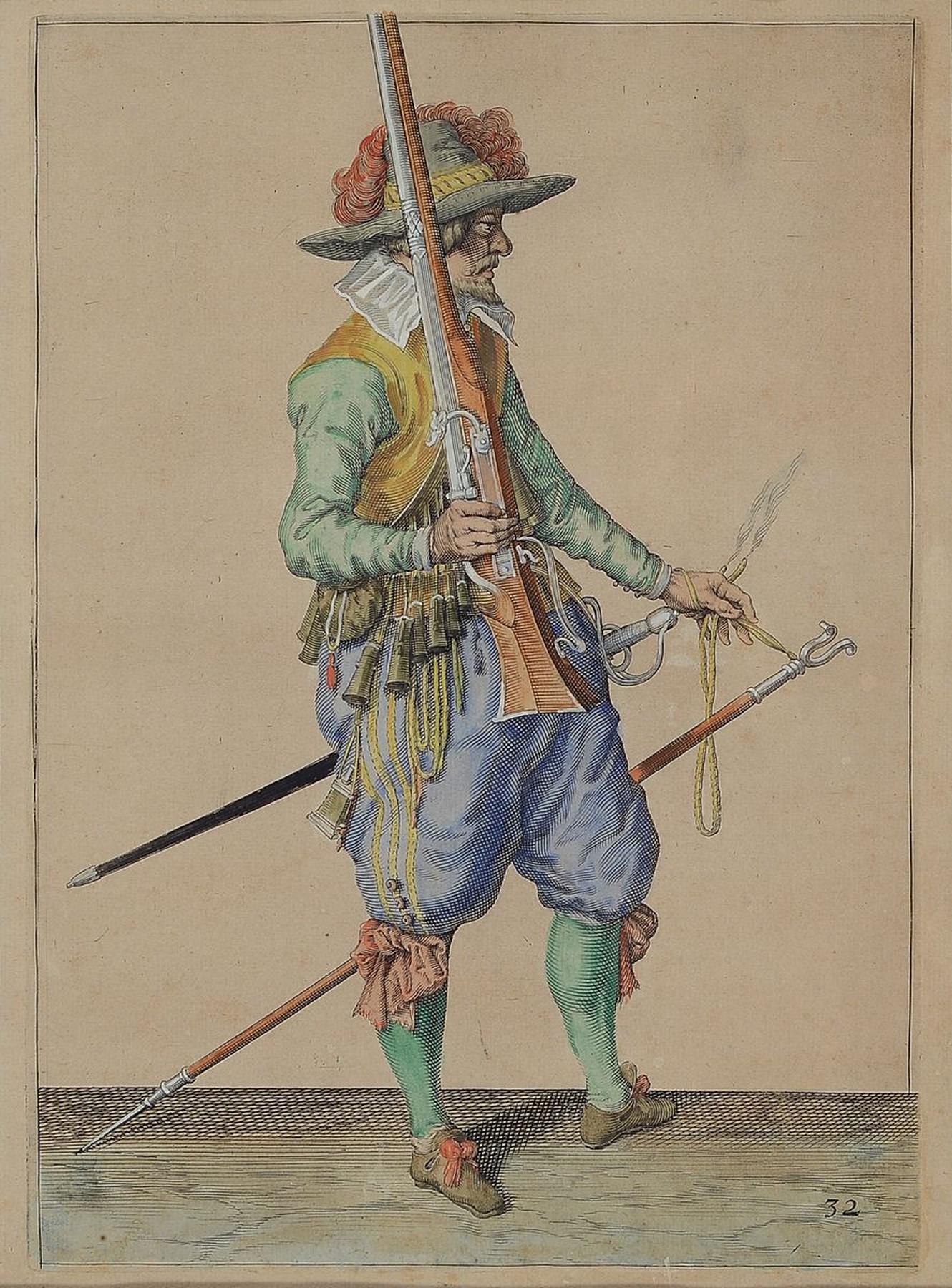 Detail a: Jacques II de Gheyn, 1565 Antwerpen - 1629 Den Haag, Lehre in der Werkstatt Hendrick Goltzius, drei Kupferstiche aus der Serie der 43 Musketiere (um ...