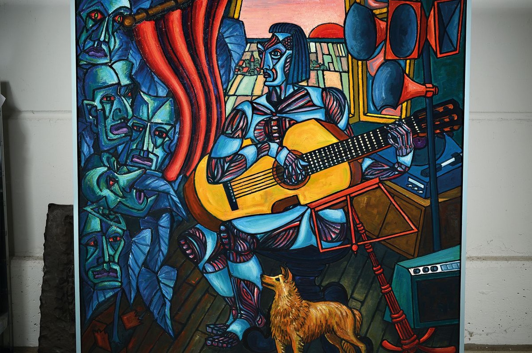 Detail k: Alex Christmann, geb. 1932 Heilbronn, ansässig in Schwaigern, Gitarrenspieler, Öl/Hartfaser, links unten monogr. und dat. 76, rückseitig betitelt ...
