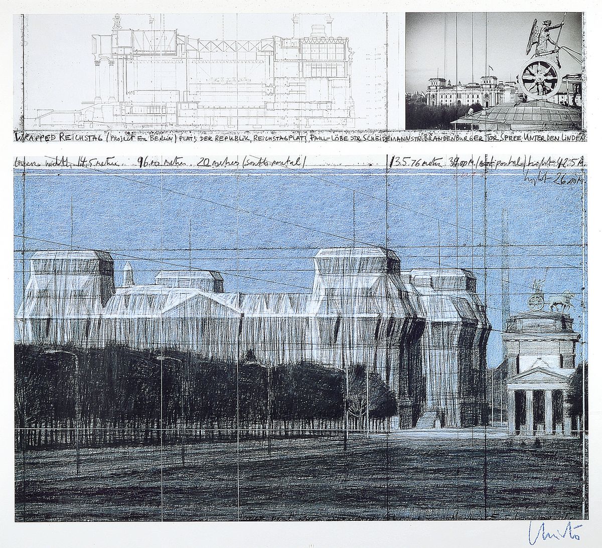 Christo, 1935 Gabrovo - 2020 New York City, Wrapped Reichstag, Project for Berlin, Farbserigraphie, rechts unten handsigniert in blau, unter PP und ...