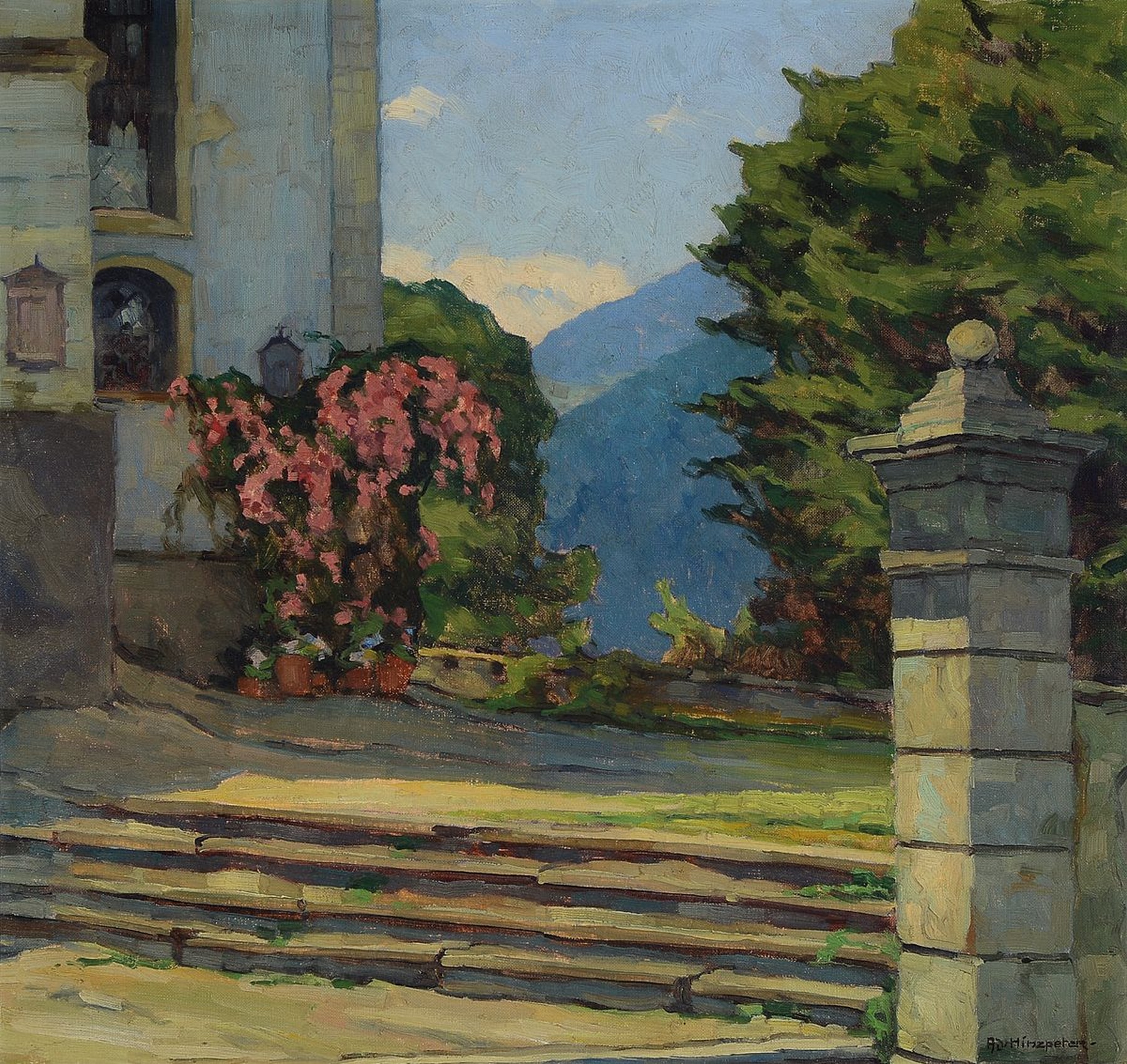 Adolf Hinzpeter, 1879 Joachimsthal-1949 München, Studium in Berlin und Königsberg, hier: Blick auf eine Terrasse, Öl/Lwd, rechts unten signiert, ...
