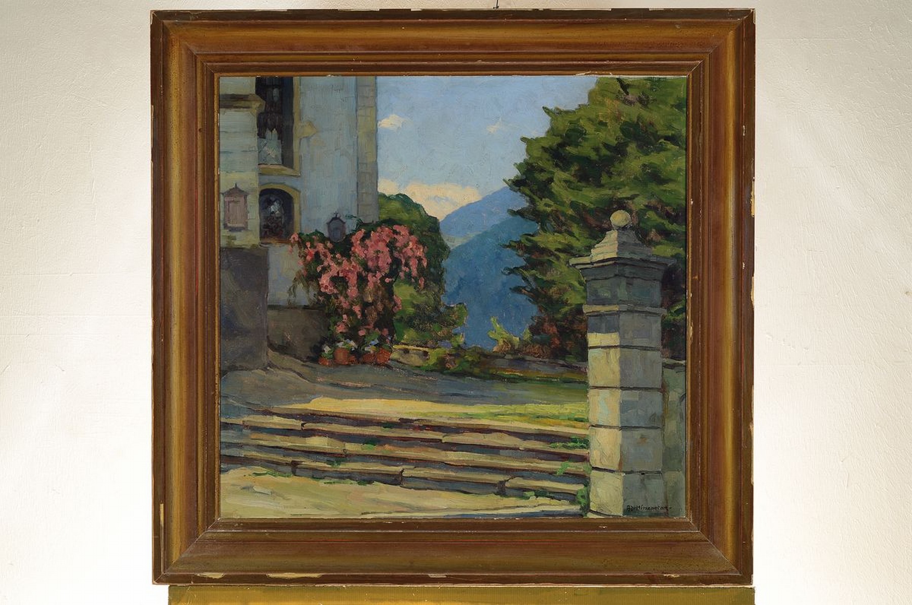 Detail k: Adolf Hinzpeter, 1879 Joachimsthal-1949 München, Studium in Berlin und Königsberg, hier: Blick auf eine Terrasse, Öl/Lwd, rechts unten signiert, ...