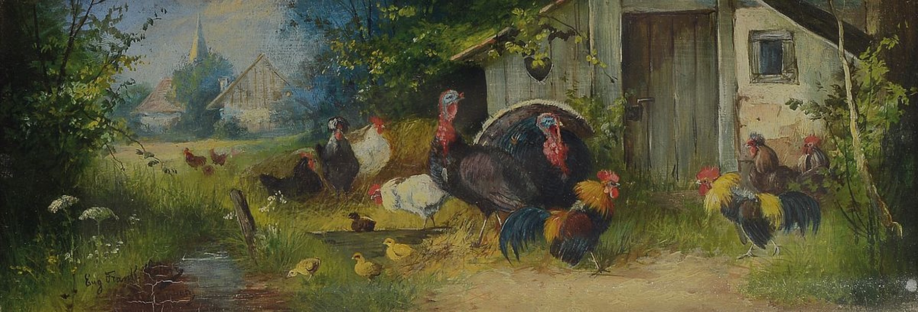 Eugen Frank-Colon, Augsburg 1873 -, nach 1931, zwei Pendants mit Federvieh, Öl/Holz, rückseitig bezeichnet "Meiner lieben Frau zu Weihnachten ...