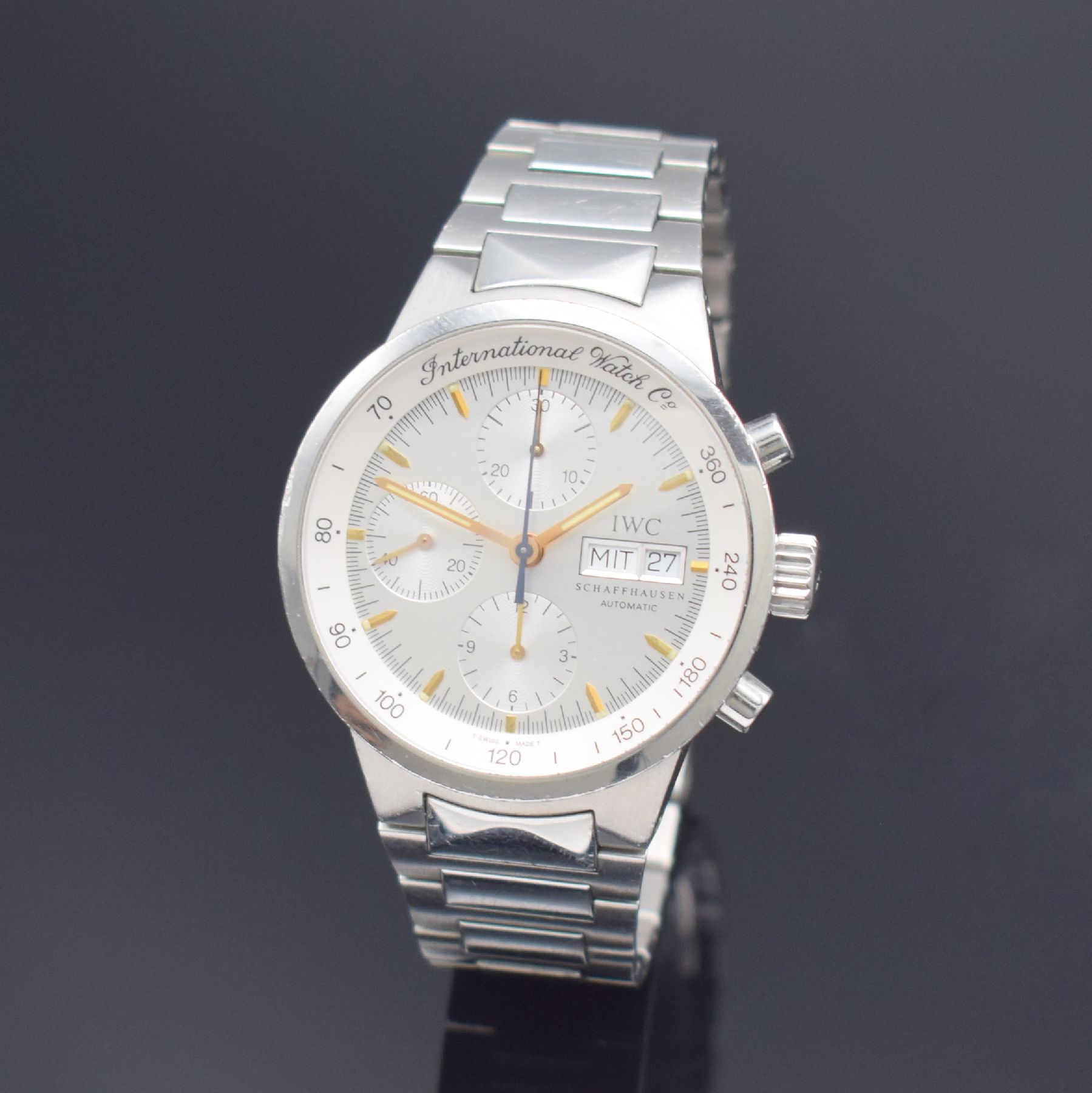 IWC GST Armbandchronograph Referenz 3707, Schweiz um 1999, Automatik, verschr. Edelstahlgeh. inkl. orig. Gliederband m. Faltschl., silb. Zifferbl. m. ...