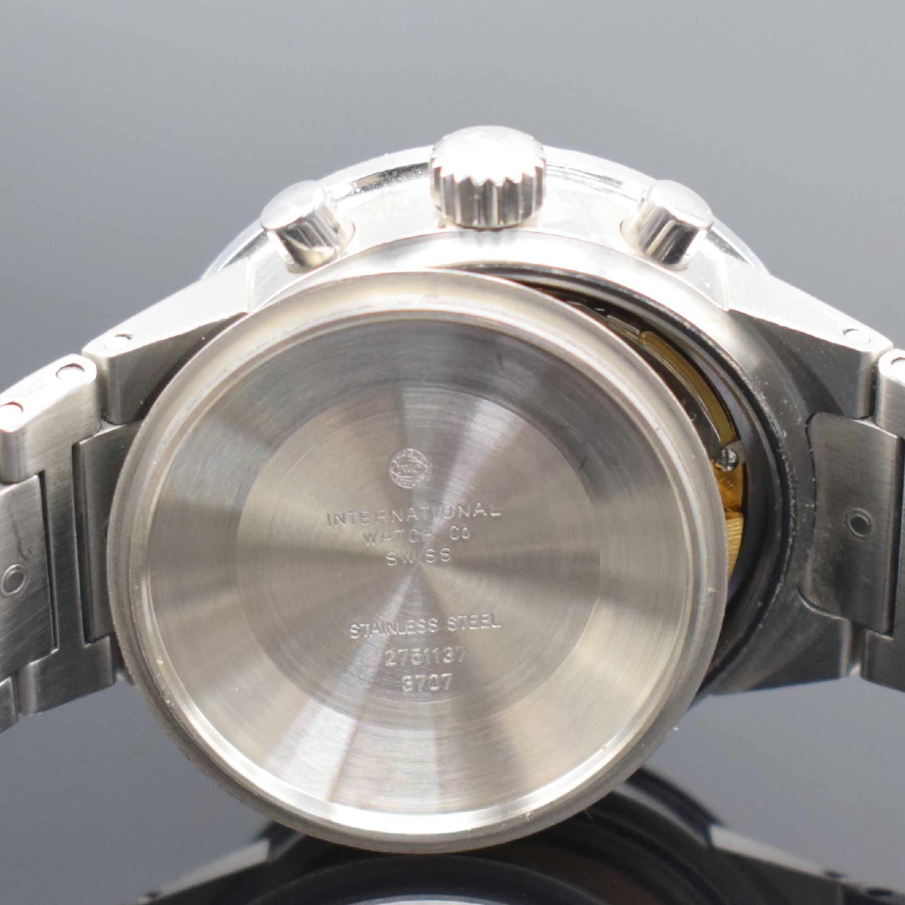 Detail g: IWC GST Armbandchronograph Referenz 3707, Schweiz um 1999, Automatik, verschr. Edelstahlgeh. inkl. orig. Gliederband m. Faltschl., silb. Zifferbl. m. ...