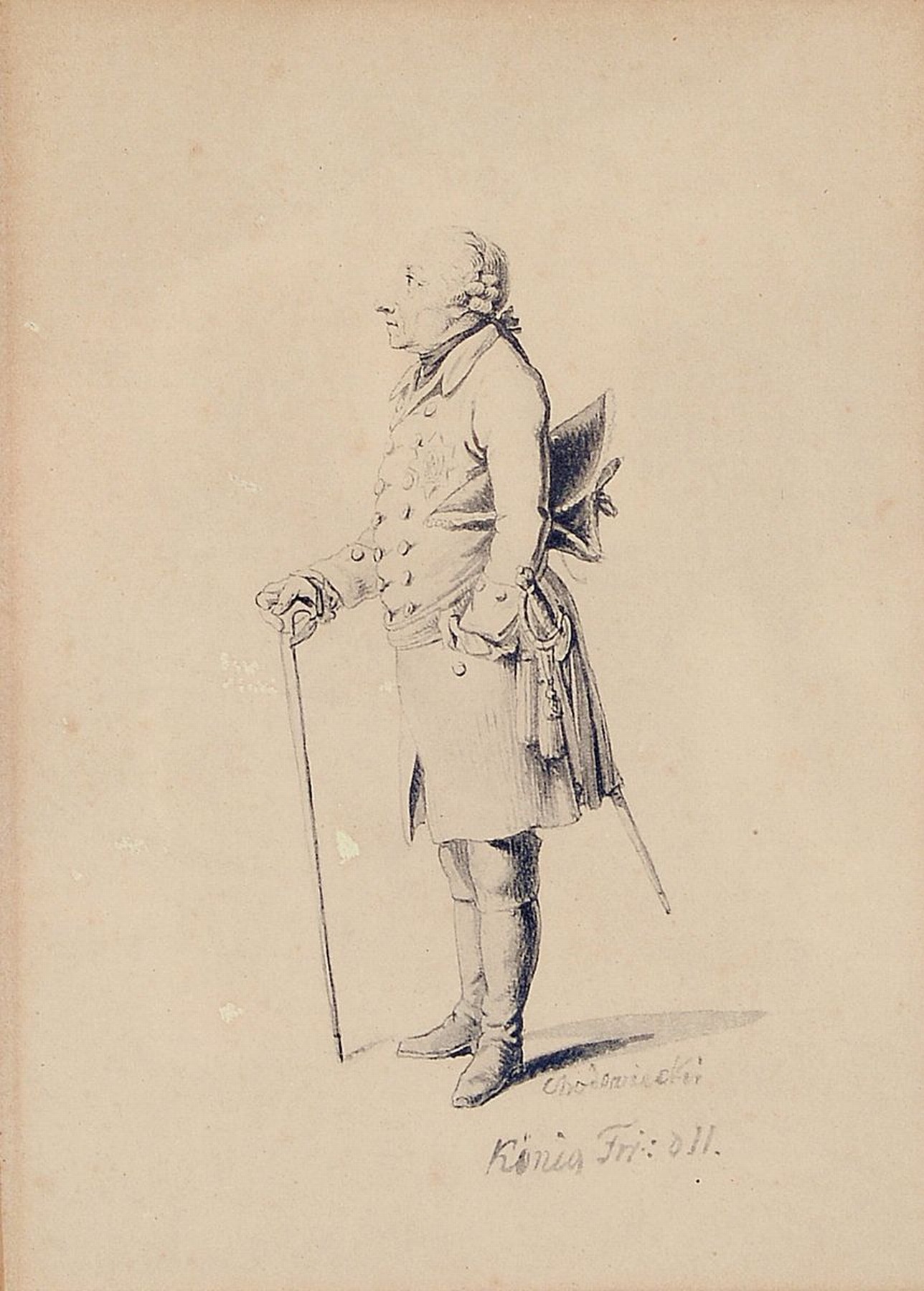 Daniel Nikolaus Chodowiecki, 1726-1801, König Friedrich II, sog. "Alte Fritz", feine aquarellierte Federzeichnung, re. u. signiert und ...