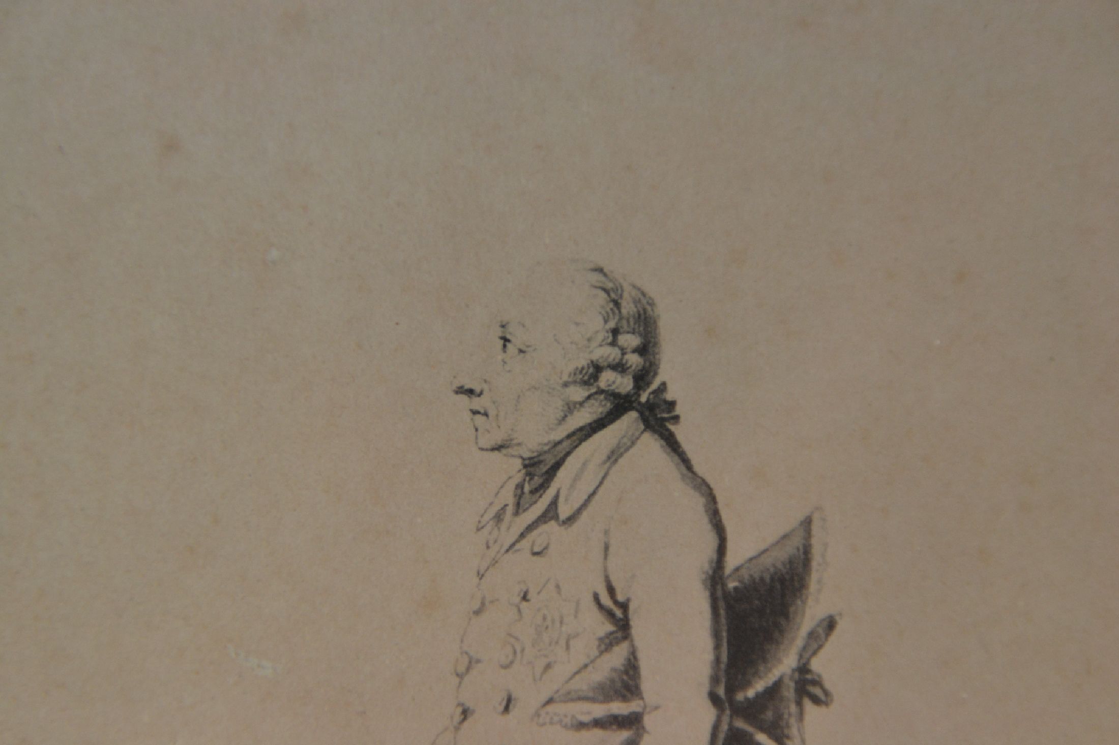 Detail e: Daniel Nikolaus Chodowiecki, 1726-1801, König Friedrich II, sog. "Alte Fritz", feine aquarellierte Federzeichnung, re. u. signiert und ...