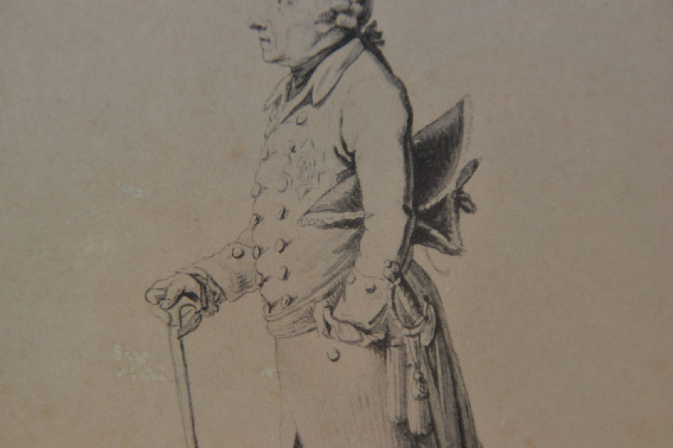 Detail f: Daniel Nikolaus Chodowiecki, 1726-1801, König Friedrich II, sog. "Alte Fritz", feine aquarellierte Federzeichnung, re. u. signiert und ...