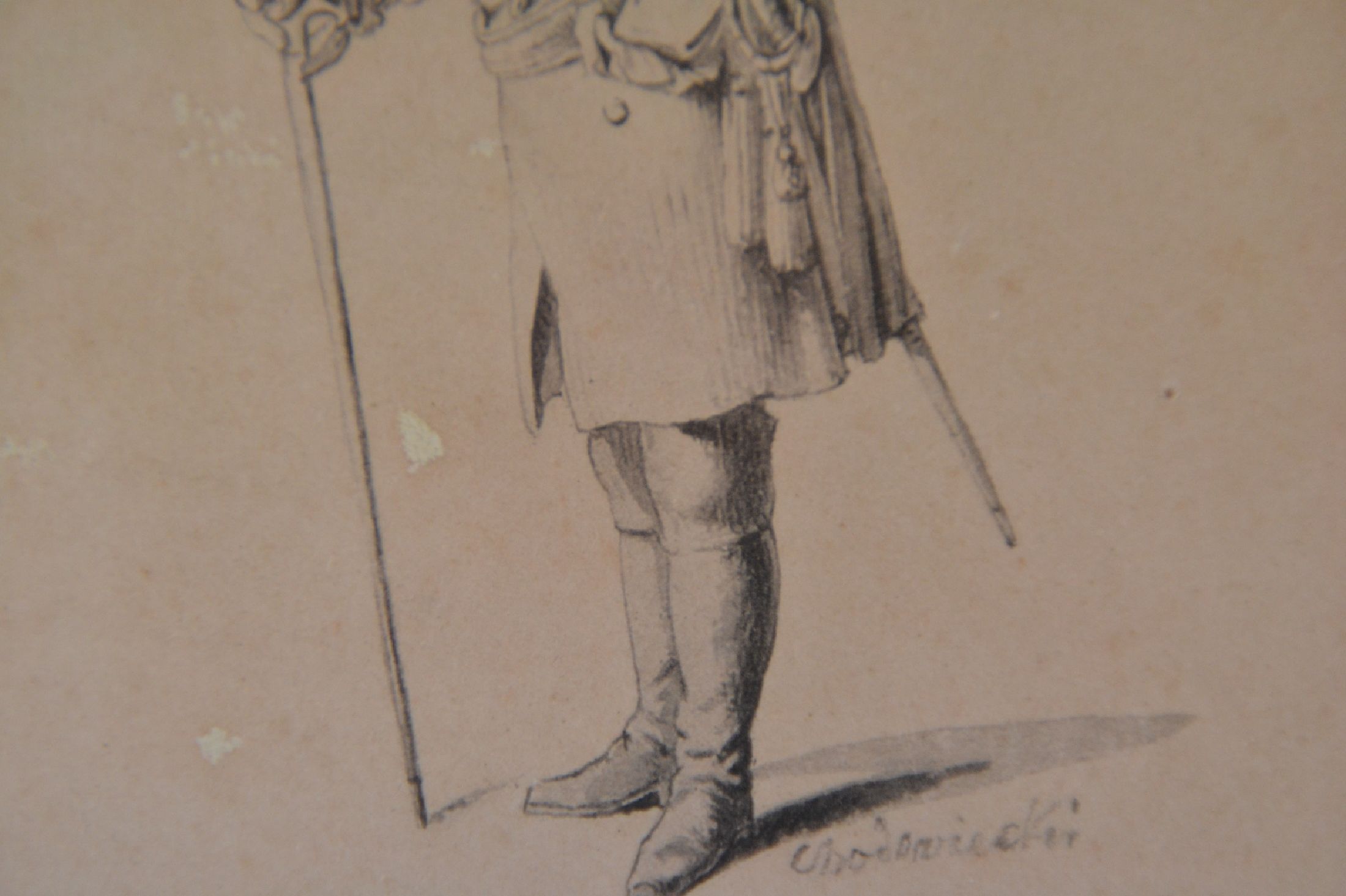 Detail g: Daniel Nikolaus Chodowiecki, 1726-1801, König Friedrich II, sog. "Alte Fritz", feine aquarellierte Federzeichnung, re. u. signiert und ...