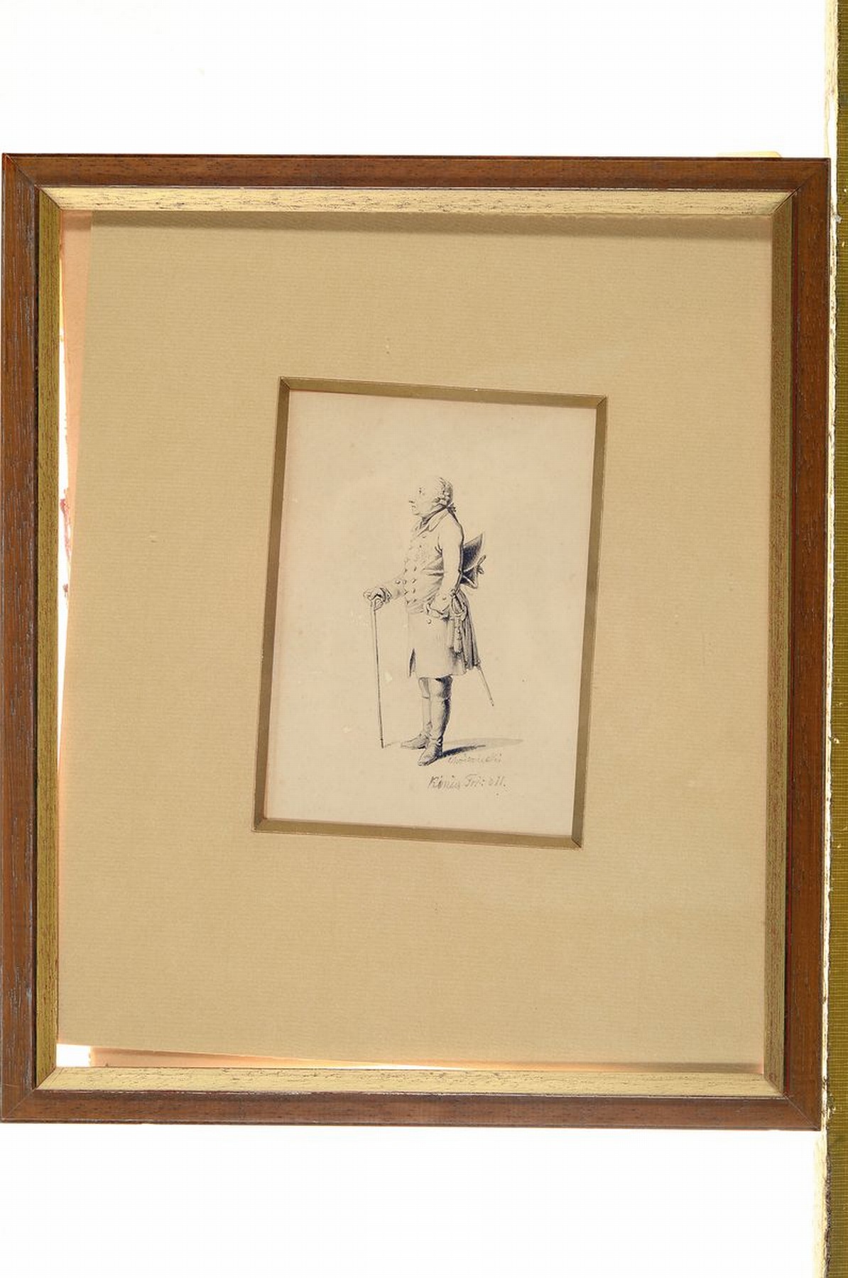 Detail k: Daniel Nikolaus Chodowiecki, 1726-1801, König Friedrich II, sog. "Alte Fritz", feine aquarellierte Federzeichnung, re. u. signiert und ...
